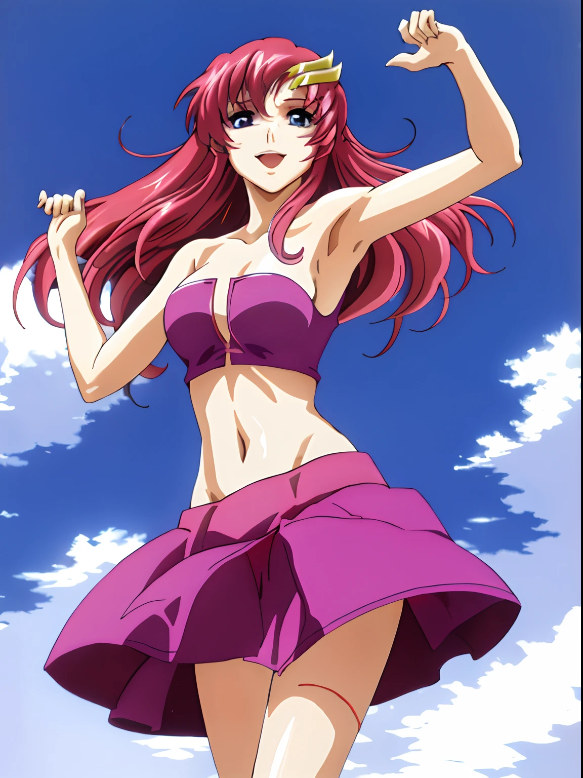 (masterpiece, 4K, Best Quality, Anime style: 1.9, bold drawing lines, High color saturation, Detailed face, tall, Adult Woman, lovely, (cloud background), Drawing lines, high resolution, Anime, lacus4), 1girl in, Solo, curvy figure, Long hair, 鎖骨, scapular, Wavy Hair, Detailed wide hair bangs, Hair Ornament, Detailed reddish-pink hair, cleavage, large hands, (Big blue eyes, shiny eyes), Smile, closed mouth, Very happy, ((closed fists)), (laughing, open mouth), ((medium breasts)), (((shjrt, ))), (pink wrestling long boots), strong arms, biceps, rib lines, ((lean forward)), standing, (hands on hips), happy, bare shoulders, (exposed navel, shiny skin, exposed belly button area, bare hips, armpits, armpit lines, armpit pocket)