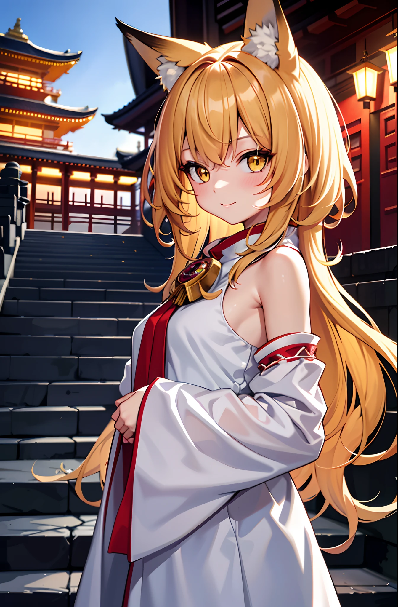 tmasterpiece, Best quality at best, 1girll,Random hair color, yellow eyes, Medium hair, stairways, SakuraNS, Temple, girl fox, Separate the sleeves, Animal ear, cheerfulness, Behind the arm,Upper body naked, Lower body naked, Full view