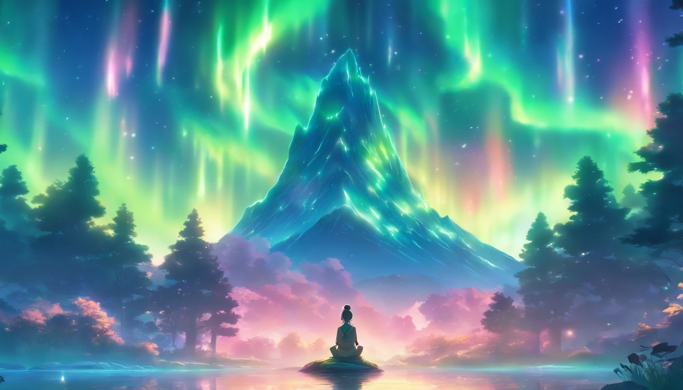 (best quality,highres:1.2),ultra-detailed,realistic,professional,meditating woman in a peaceful and solitary place,natural scenery, vibrant colors,northern lights,star-filled sky,serene and calm environment,luminous and ethereal atmosphere,tranquil and serene disposition,detailed facial features,soft and flowing hair,peaceful and serene expression,harmonious and balanced composition,gently swaying trees and grass,subtle and captivating lighting,mesmerizing and tranquil aura,feeling of tranquility and inner peace,stunning and breathtaking view,deep sense of connection with nature