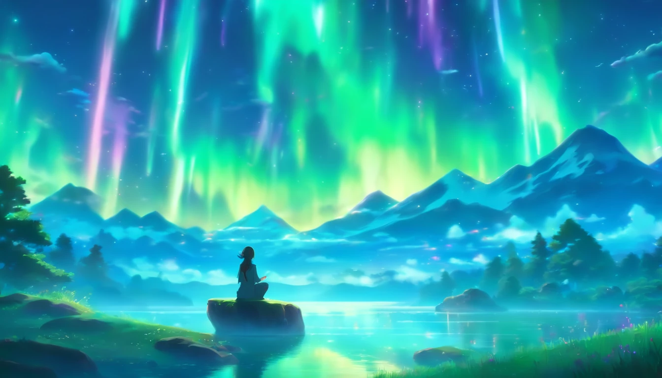 (best quality,highres:1.2),ultra-detailed,realistic,professional,meditating woman in a peaceful and solitary place,natural scenery, vibrant colors,northern lights,star-filled sky,serene and calm environment,luminous and ethereal atmosphere,tranquil and serene disposition,detailed facial features,soft and flowing hair,peaceful and serene expression,harmonious and balanced composition,gently swaying trees and grass,subtle and captivating lighting,mesmerizing and tranquil aura,feeling of tranquility and inner peace,stunning and breathtaking view,deep sense of connection with nature