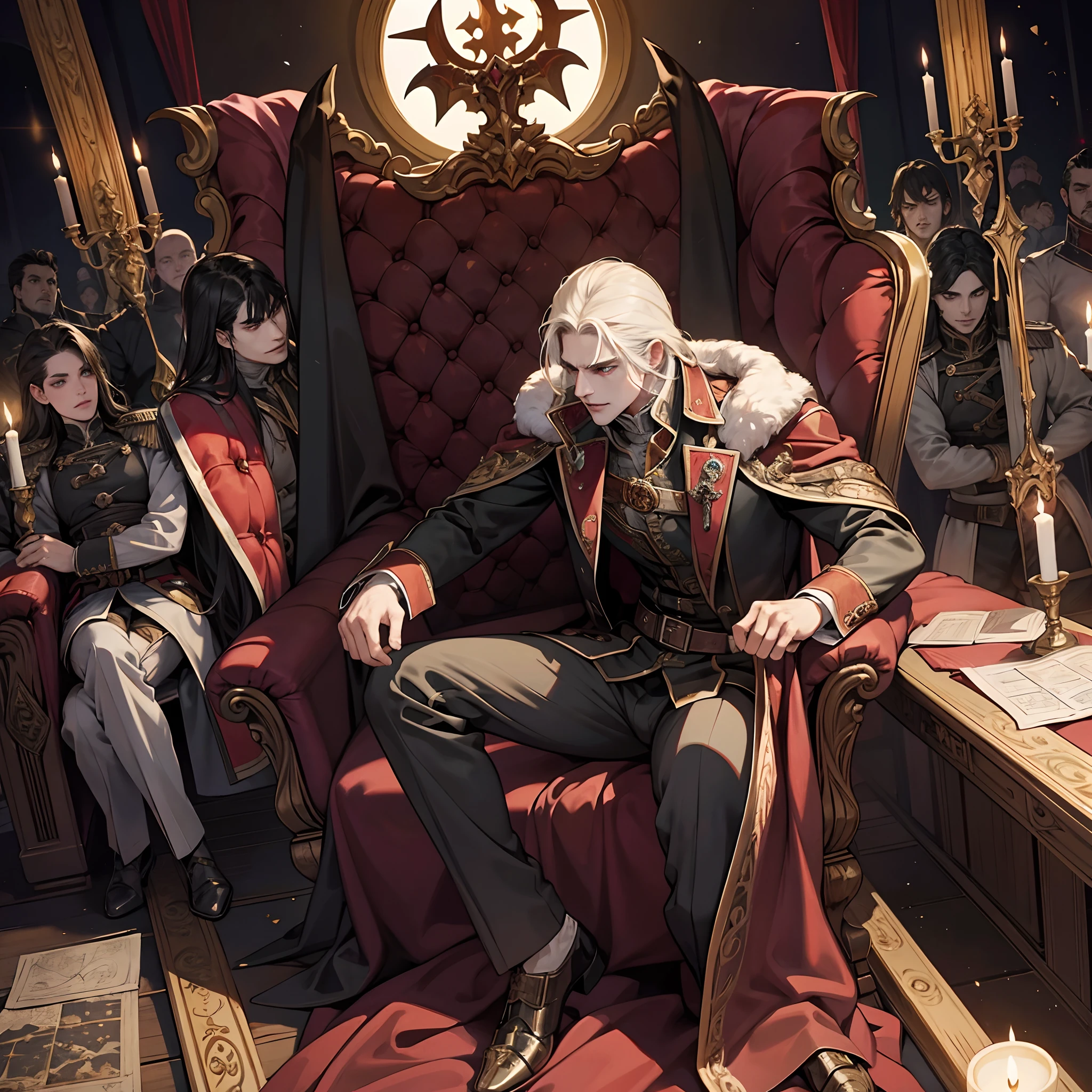 Castlevania Shadow Lord handsome muscular Lord Dracula in the throne room with his soldiers looking into Map of Conquest discussing old cinematic scrolls scenes movie Epic Legendary Perspective