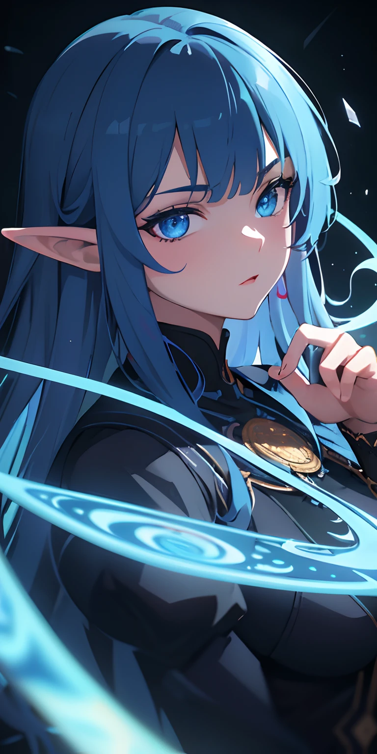 (masterpiece, best quality, ultra-detailed, best shadow), (detailed background,dark fantasy), (beautiful detailed face), high contrast, (best illumination, an extremely delicate and beautiful), ((cinematic light)), colorful, hyper detail, dramatic light, intricate details, (1girl, solo, blue hair, sharp face,blue eyes,dynamic angle), blood splatter, swirling black light around the character, depth of field,black light particles,(broken glass),magic circle,elf ears
