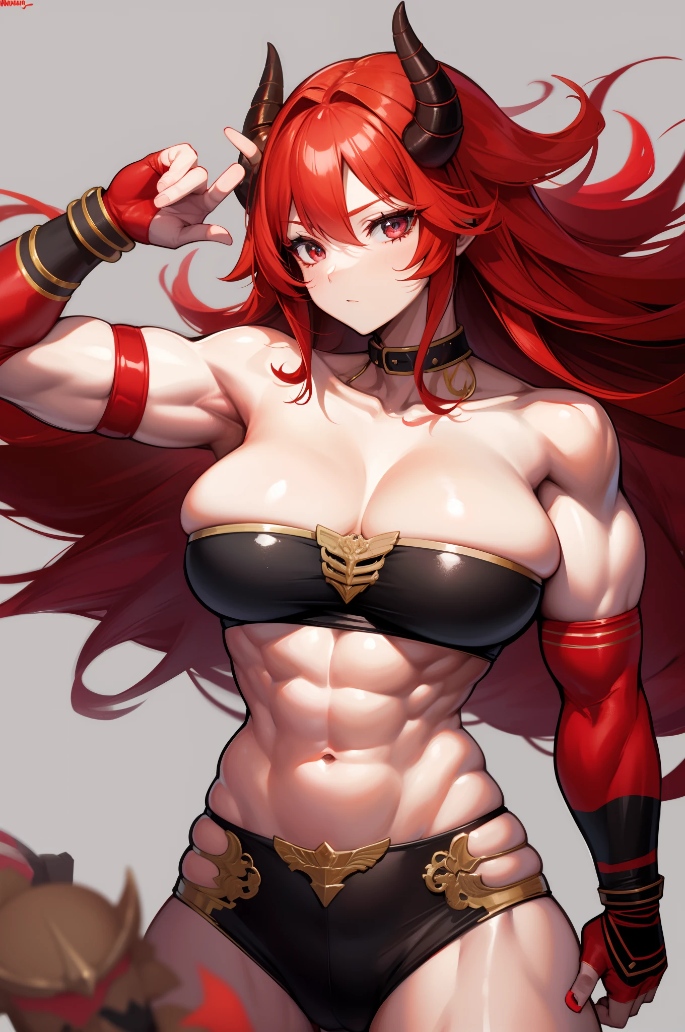 red hair, musclegirl, standing ,sauvage,tomboy, big breast, oni,, goddess, monster girl,horns