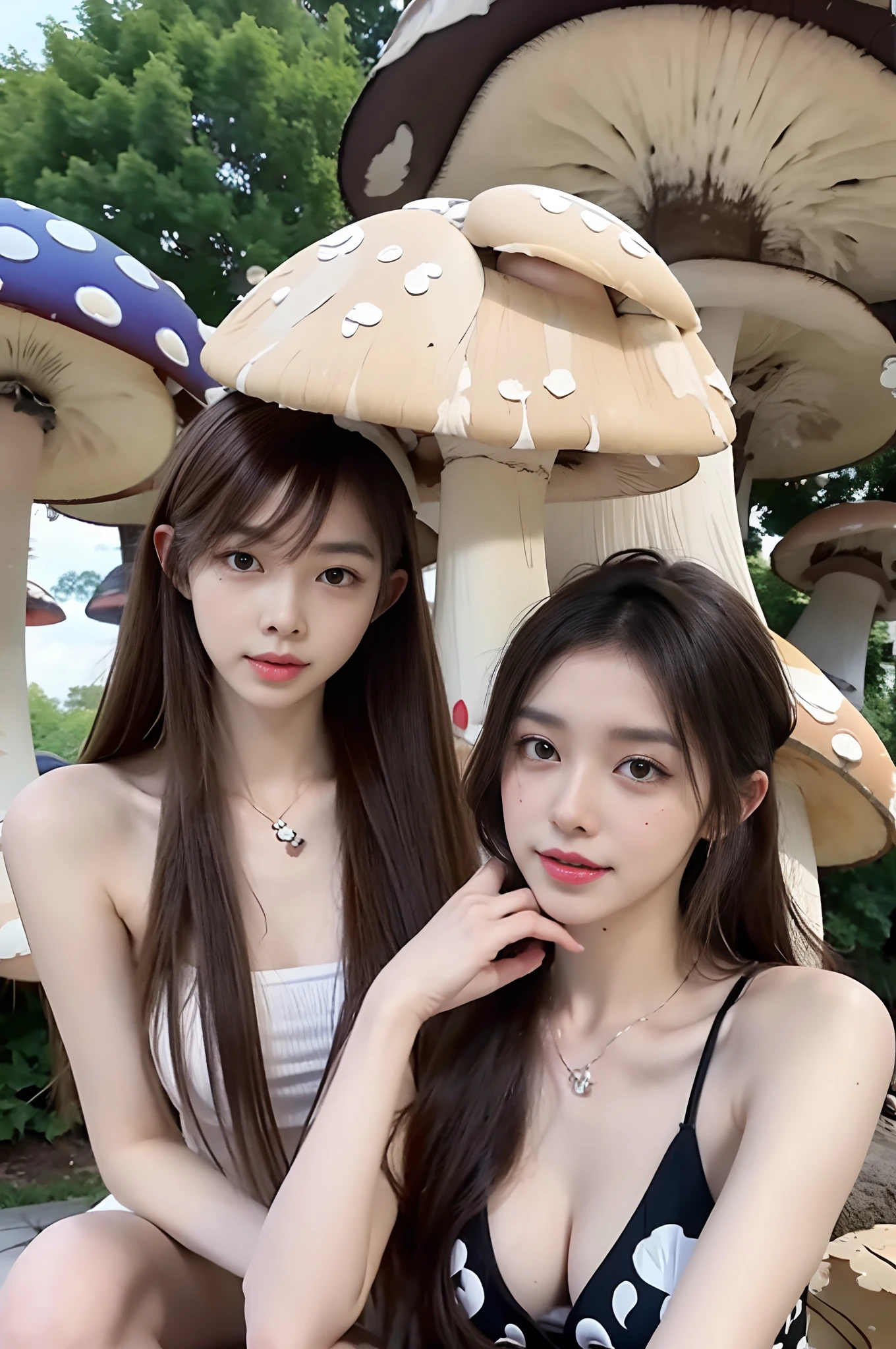 Smiling,Face focus,(alebrijes art style), a couple of lesbians sitting together on a (giant mushroom:1.4),fantastical world,fantasy,vivid color,lewd,leering:1.3,Masterpiece, Best quality, intricately details, absurderes,,(ulzzang-6500-v1.1,pureeroface_v1,octane rendering)