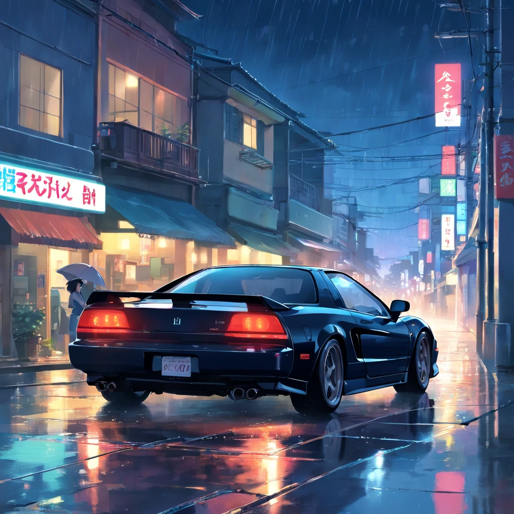 Um honda nsx 1990 preto, dirigindo na cidade, chuva forte, noite, ambiente escuro, cidade iluminada