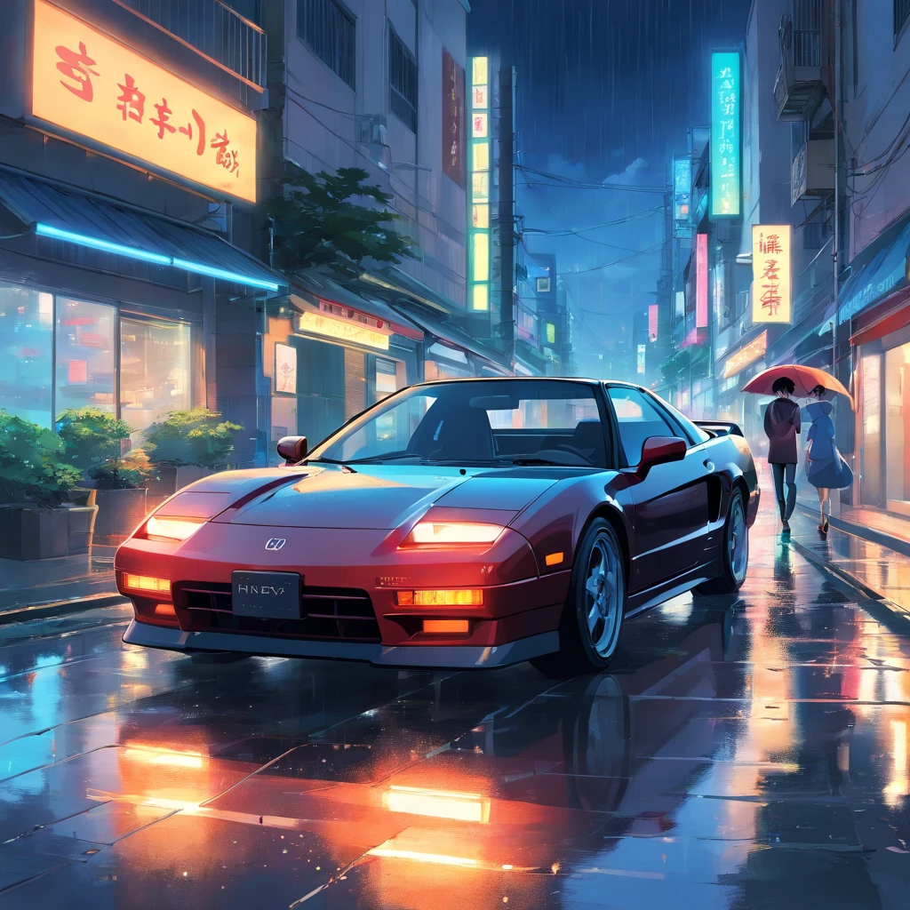 Um honda nsx 1990 preto, dirigindo na cidade, chuva forte, noite, ambiente escuro, cidade iluminada