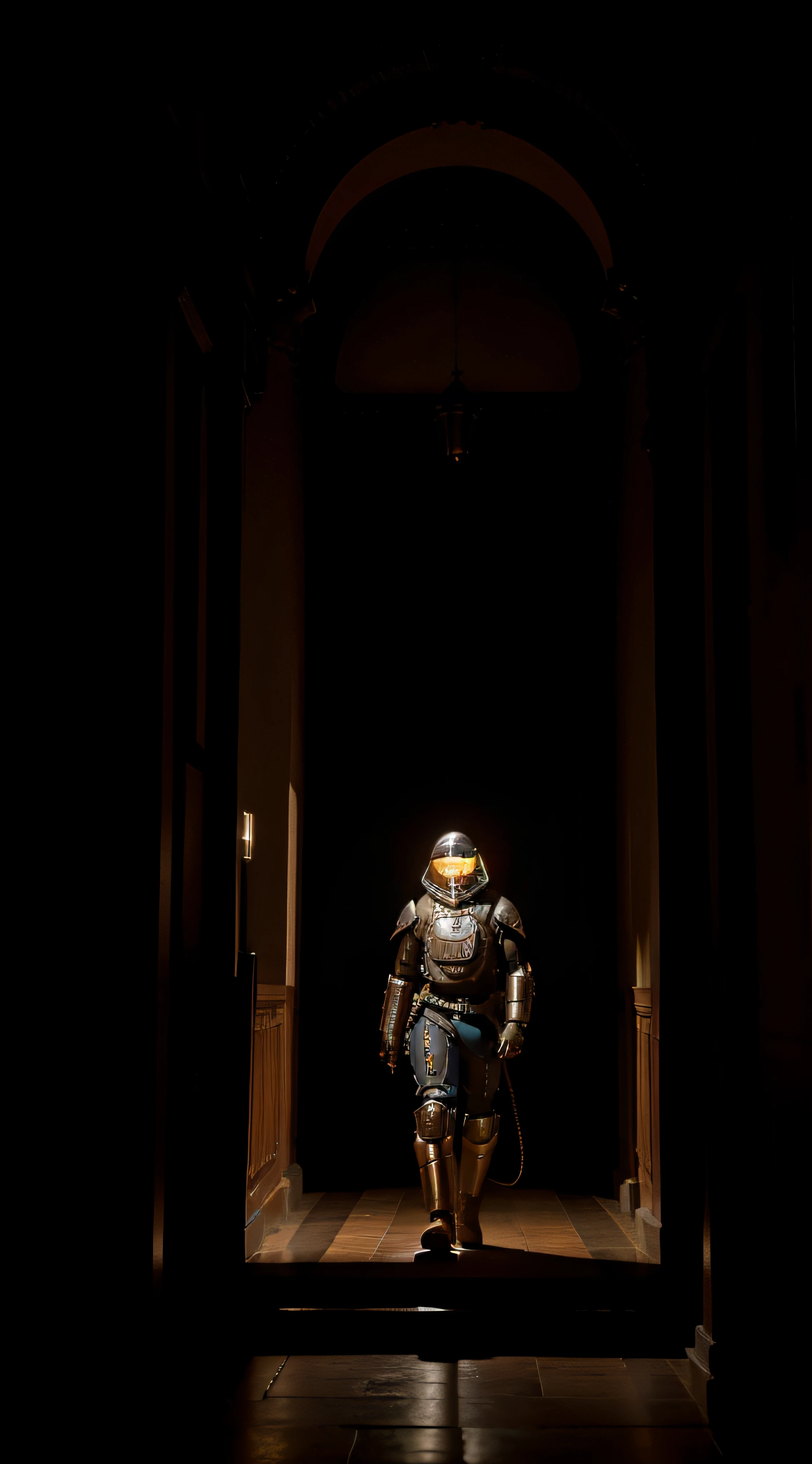 (extremadamente detallado, obra maestra, La mejor calidad, foto antigua, principios de siglo) soldado estilo ciberpunk, armadura robotica, cables, tornillos, una linterna directa lo ilumina, biblioteca antigua. plano cercano. manchas. Caravaggio-style lighting. tenebrismo-