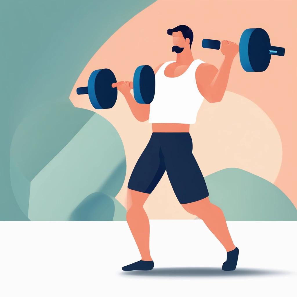 A man works out in a gym，A pair of dumbbells lay on the ground, Flat illustration, Ui Illustration, GUI, Minimalist, White background, Bright color scheme