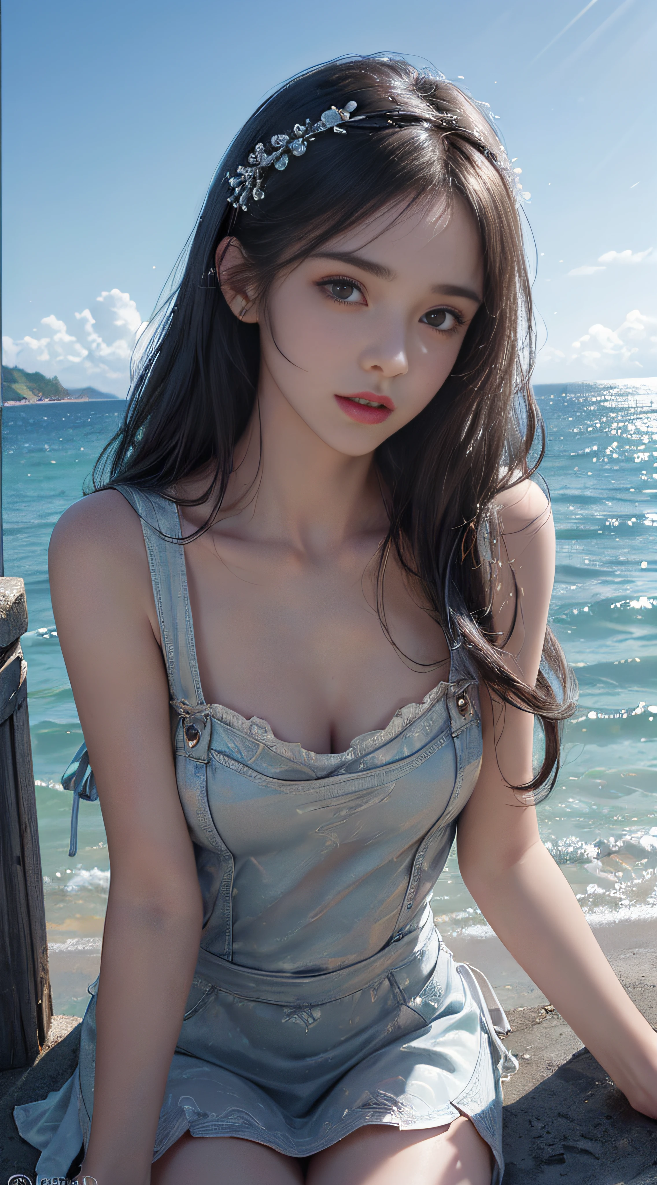 (((Masterpiece, top quality, super detailed face))), (((highly detailed face))), woman in frilly white bikini, attractive and slender body model, (((very sharp focused eyes))), large precise black eyes shining like jewels, long eyelashes, short black hair, thick bangs, no makeup, small thin nose, small thin lip mouth, blue ocean and white sand beach, blue sky and incoming clouds, (((overall accuracy dramatically improved, creating ultra detailed and realistic images))), HDR (High Dynamic Range), ray tracing, NVIDIA RTX, ultra resolution, Unreal 5, Subsurface scattering, PBR texturing, post-processing, anisotropic filtering, depth of field, maximum clarity and sharpness, multi-layer textures, albedo and specular maps, surface shading, accurate Simulated Light Material Interaction, Perfect Proportions, Octane Rendering, Two Tone Lighting, Wide Aperture, Low ISO, White Balance, Rule of Thirds, 16K RAW,