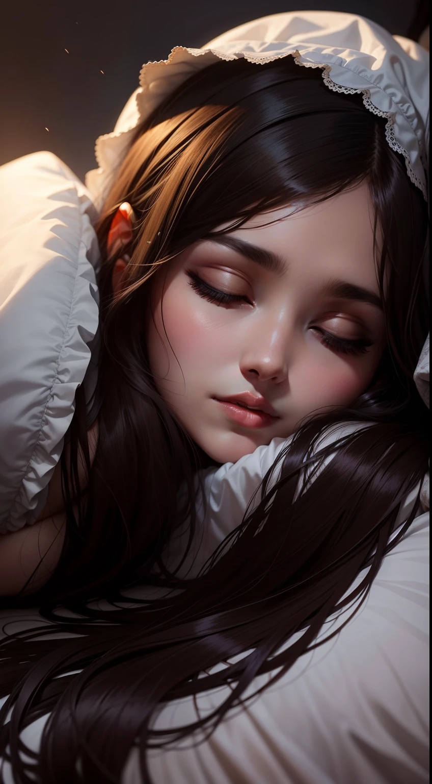 create 22 years old female dark brown hair ,black eyes, beautiful face sleeping on bed,closed eyes,cover with blacket ,at midnight ,full of darkness, moonlight on her face