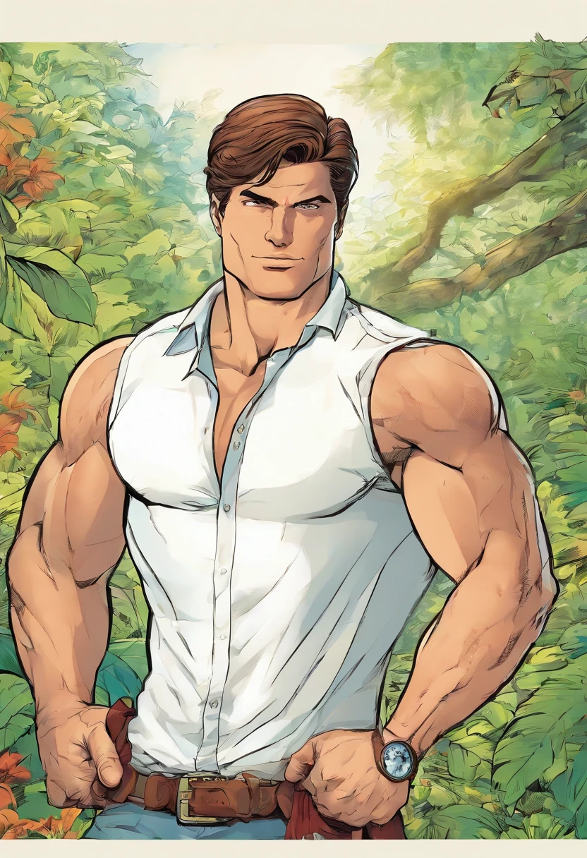 (Altas, Realistic:1.2),retrato,Man,white shirt without Mangas, musculoso, alto, Handsome, big arms, fundo da floresta