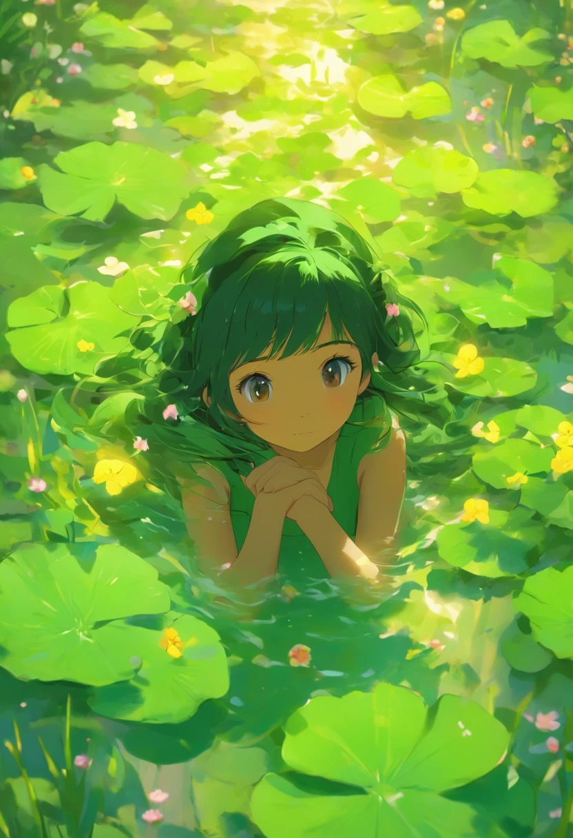 Green aquatic plants, girl floating in a flower field, Lying on a boardwalk, green waters, green waters, Plants,Black hair,Emerald green clothes,Earthy yellow wooden planks,The greatest scene, Lay down, A cena mais bonita, laying on