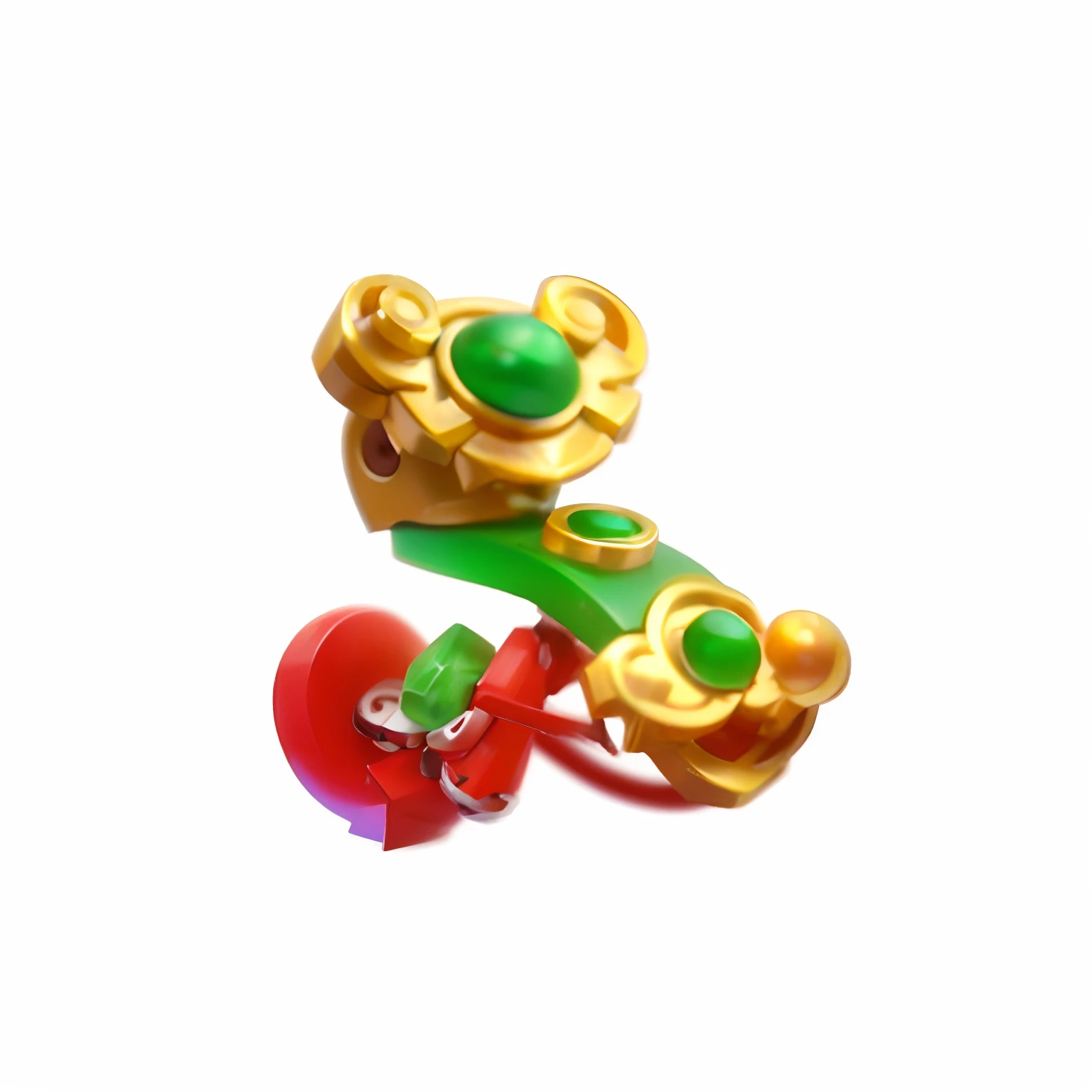 um close up de uma cobra de brinquedo com uma cauda verde e vermelha, material estilizado bssrdf, ursinho gomoso, Artefato JPEG pesado desfocado, gema ornamentada em pommel, item de videogame, slick clammy skin, desconhecido, arte estilizada, Rayman Legends Chefe, Shui Mo Hua, AI robot tendril remnants, Clown Frog King, high_qualidade