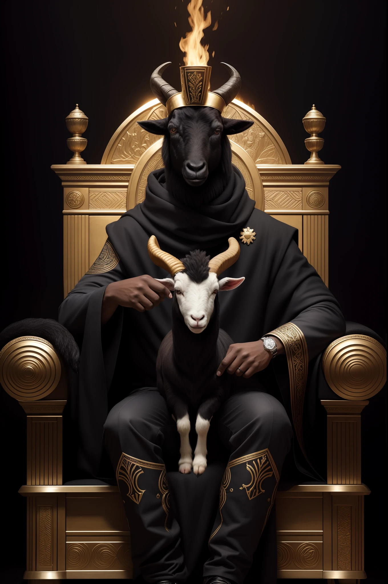 Hybrid man with man's body and goat's head, imagem hiper detalhada, ele esta sentado em um trono de fogo e tem muito ouro em volta, your hyperdetailed hand and fingers, your eyes are red, sorriso de poder, He owns the world, seu copo aparece por completo sentado no seu trono de fogo. is to give black color, but his head is that of a black animal goat.