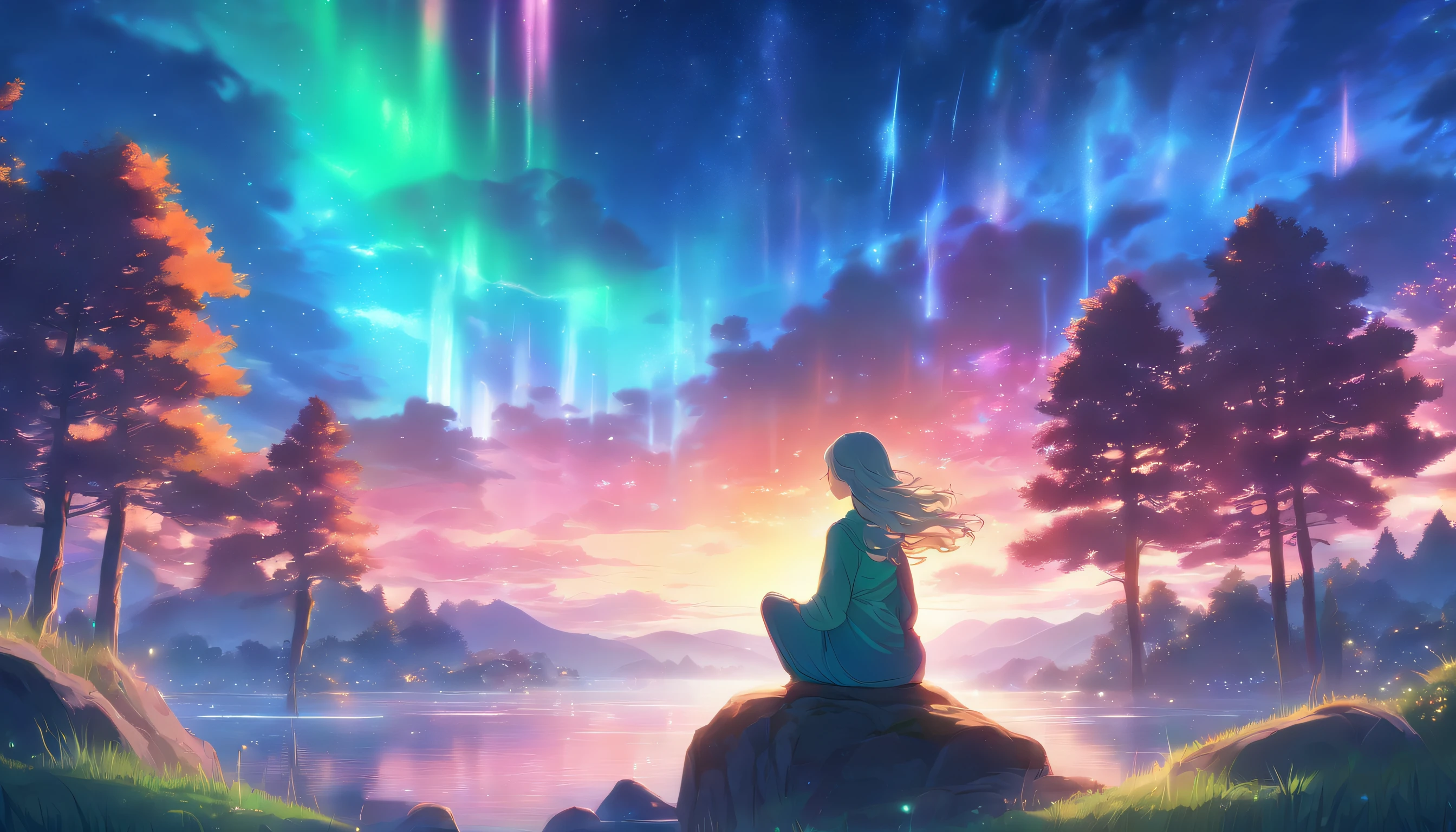 (best quality,highres:1.2),ultra-detailed,realistic,professional,meditating woman in a peaceful and solitary place,natural scenery, vibrant colors,northern lights,star-filled sky,serene and calm environment,luminous and ethereal atmosphere,tranquil and serene disposition,detailed facial features,soft and flowing hair,peaceful and serene expression,harmonious and balanced composition,gently swaying trees and grass,subtle and captivating lighting,mesmerizing and tranquil aura,feeling of tranquility and inner peace,stunning and breathtaking view,deep sense of connection with nature