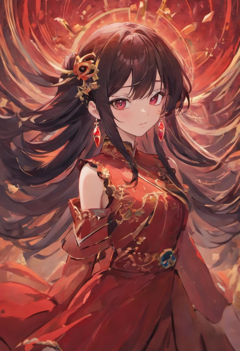 Anime girl with long black hair and red dress with earrings, Guviz-style artwork, Guviz, Detailed digital anime art, Guweiz in Pixiv ArtStation, Guweiz on ArtStation Pixiv, detailed portrait of an anime girl, Stunning anime face portrait, by Yang J, Digital anime illustration, style of anime4 K, Digital anime art