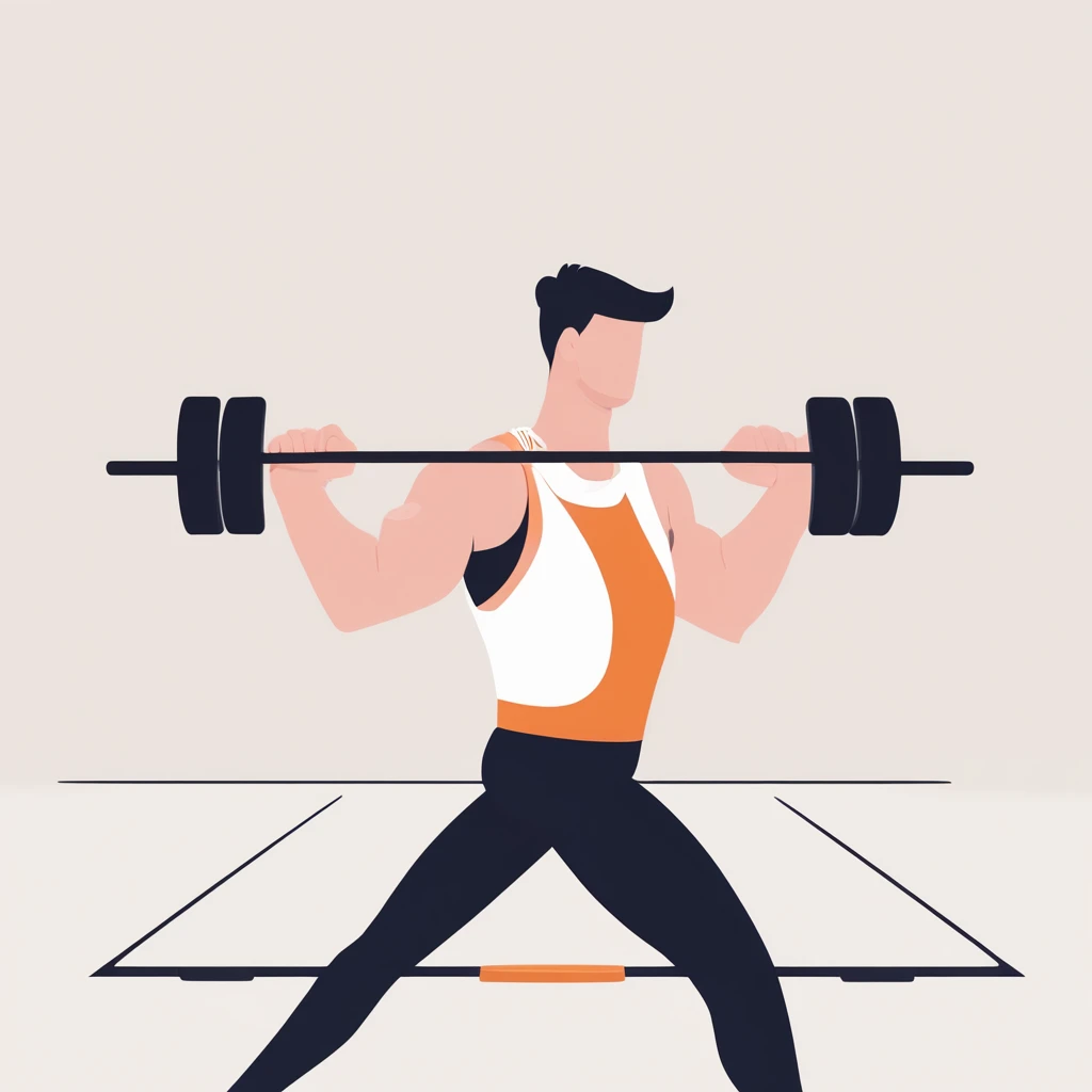 A man works out in a gym，A pair of dumbbells lie on the ground, Flat illustration, Ui Illustration, GUI, Minimalist, White background, Bright color scheme