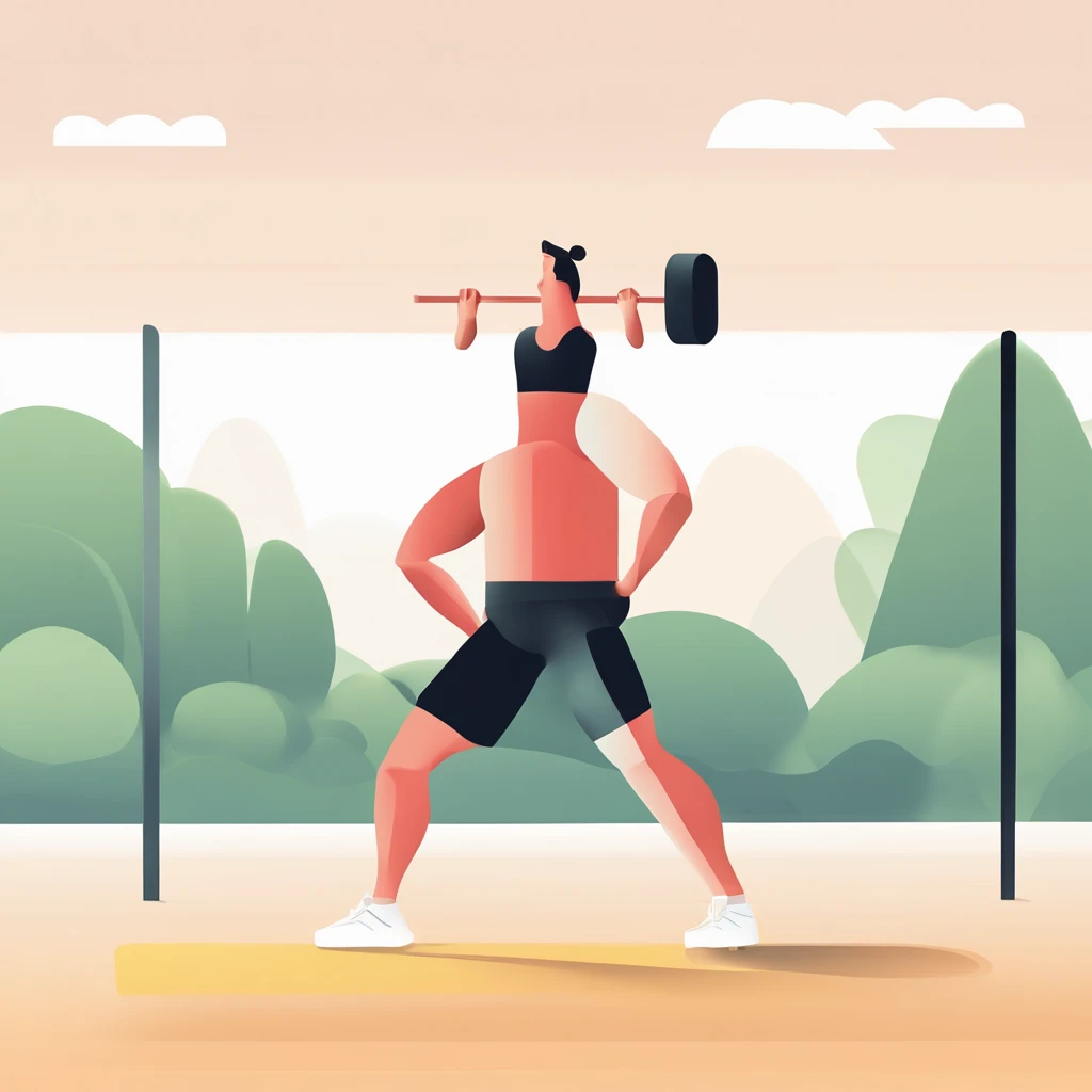A man works out in a gym,A pair of dumbbells lie on the ground, Flat illustration, Ui Illustration, GUI, Minimalist, White background, Bright color scheme