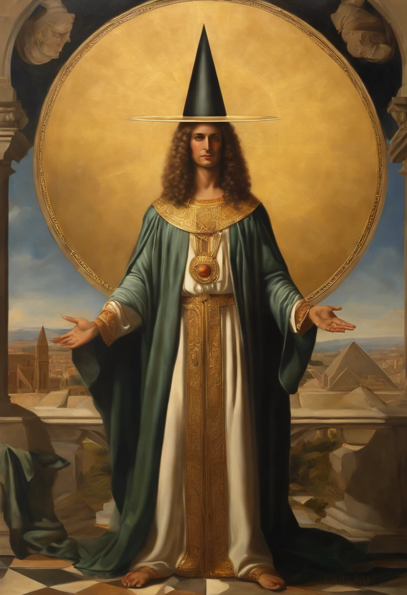 Painting by Isaac Newton with expression of astonishment, roupas de mago, Magician's hat, mystic atmosphere, Geometria sagrada, Mystery religions, hermetic, Hermetic symbols, Louve o pecado, Louve o Sol, Escondido, conspiracy, Hermetic, Geometria sagrada, mistic ambient, triangular circle, (master part), (melhor qualidade), ((vista frontal)), arte Boris Vallejo, Syd Mead, JC Leyendecker, Craig Mullins, Pedro Paulo Rubens Pintura detalhada, Sandro Botticelli, Greg Rutkowski, Historic works of art, renaissance oil portrait, 16th century style, oil watercolor painting, dramatic and photorealistic painting by Midjourney, CGSetividade, artstation hd | |, High detail, artstation hd | |, trending in the artstation, 8k