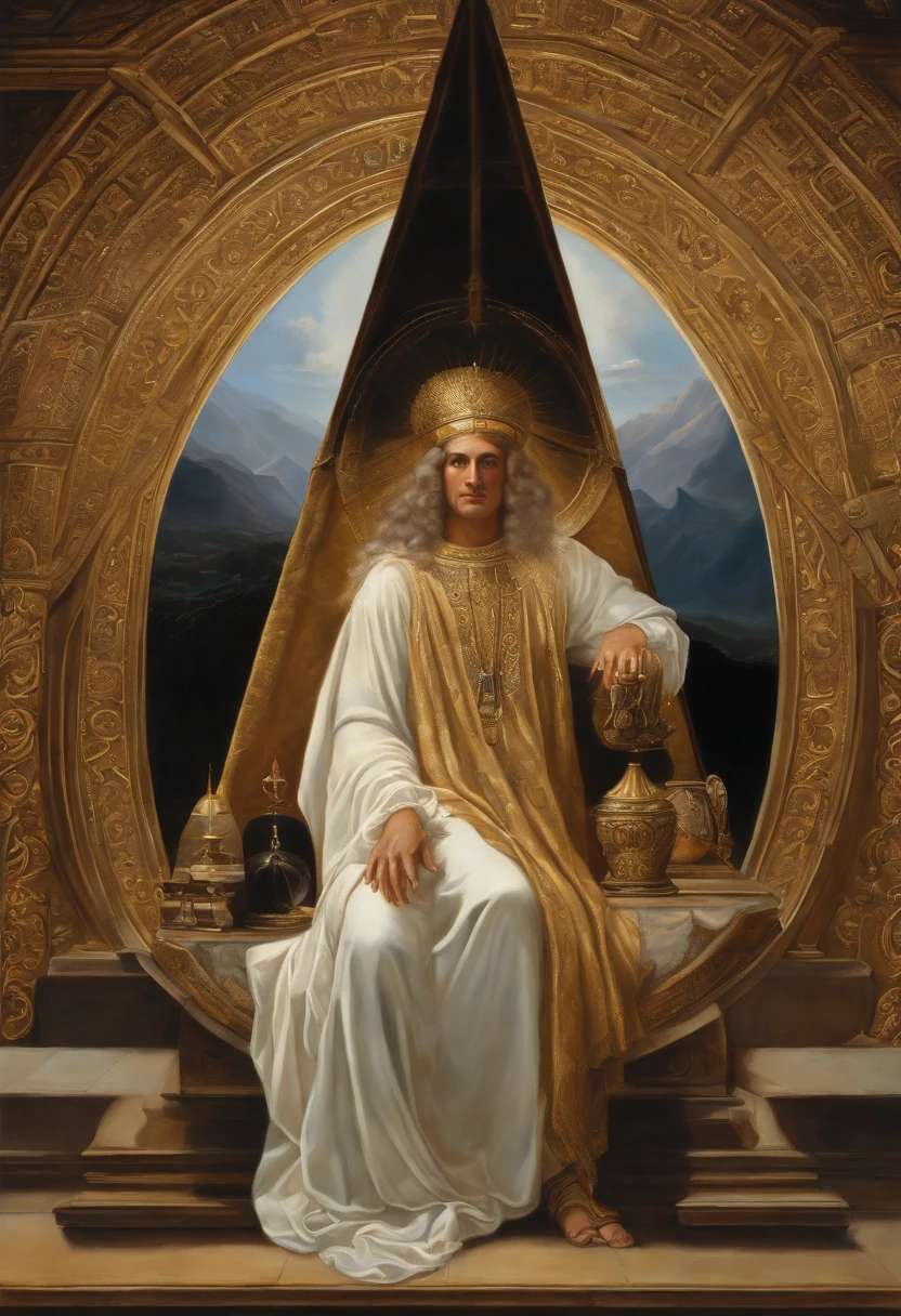 Painting by Isaac Newton with expression of astonishment, roupas de mago, Magician's hat, mystic atmosphere, Geometria sagrada, Mystery religions, hermetic, Hermetic symbols, Louve o pecado, Louve o Sol, Escondido, conspiracy, Hermetic, Geometria sagrada, mistic ambient, triangular circle, (master part), (melhor qualidade), ((vista frontal)), arte Boris Vallejo, Syd Mead, JC Leyendecker, Craig Mullins, Pedro Paulo Rubens Pintura detalhada, Sandro Botticelli, Greg Rutkowski, Historic works of art, renaissance oil portrait, 16th century style, oil watercolor painting, dramatic and photorealistic painting by Midjourney, CGSetividade, artstation hd | |, High detail, artstation hd | |, trending in the artstation, 8k