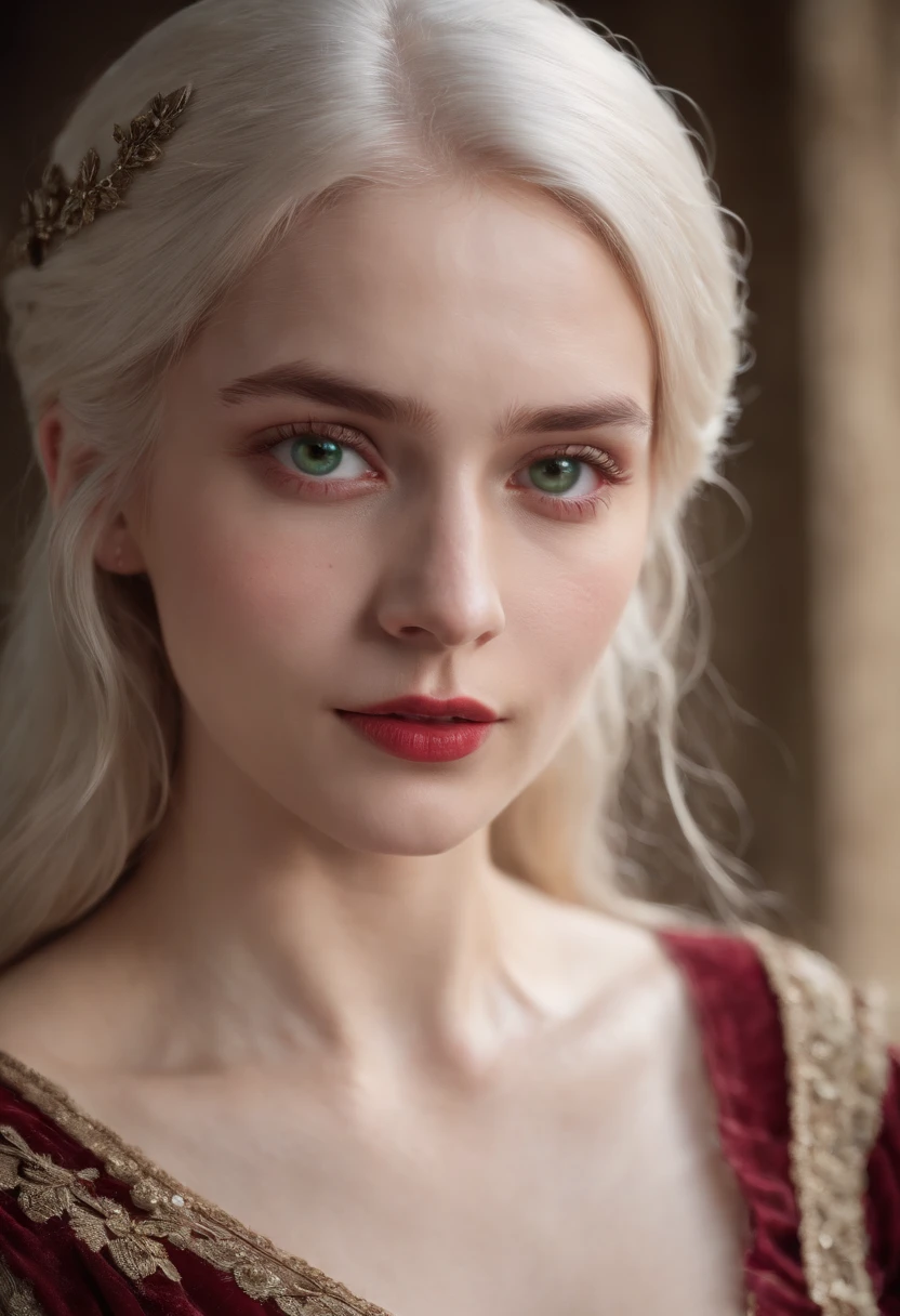 (((a deep reddish wound crosses her left cheek))) fair complexion, woman around 19 years old, natural white hair, distinctive green eyes, wearing transparent kohl, slender and graceful, beautiful, candlelight in a medieval setting, ultra sharp focus, realistic shot, Medieval women's transparent dress, tetradic colors (scar:1.4)