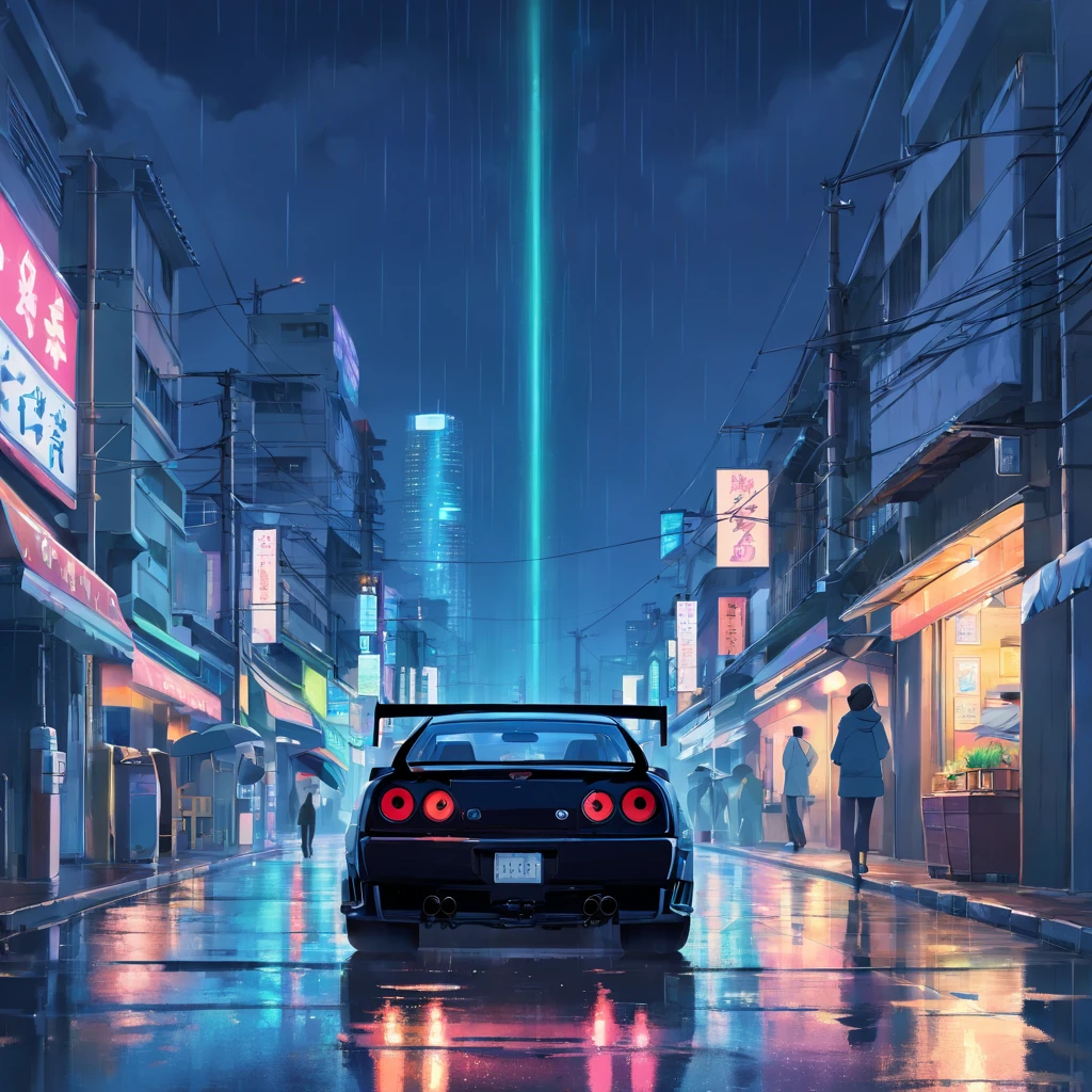 Um skyline gtr r34 preto, dirigindo na cidade, chuva forte, noite, ambiente escuro, cidade iluminada