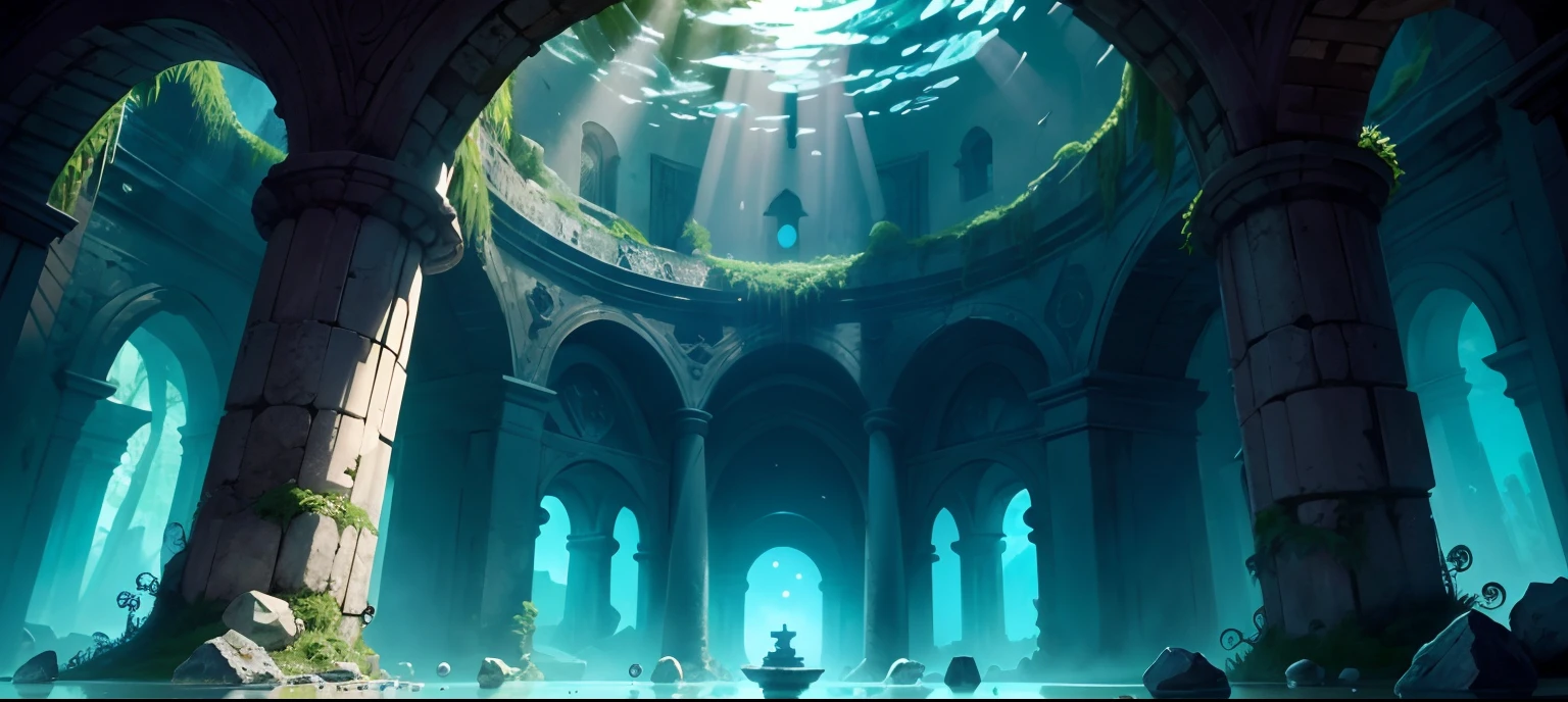 Eastern underwater ruins with walls made of water and a magical orb in the center.
