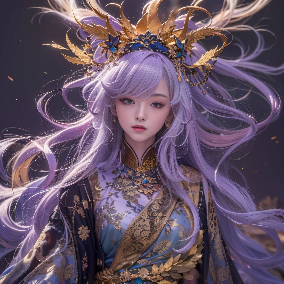 32K（tmasterpiece，k hd，hyper HD，32K）Long flowing bright purple hair，Autumn Pond，zydink， a color， Asian people （Kizi）， （Red scarf）， Combat posture， looking at the ground， long whitr hair， Floating bright purple， Fire cloud pattern gold tiara， Chinese long-sleeved gold silk garment， （abstract ink splash：1.2）， white backgrounid，Lotus protector（realisticlying：1.4），Bright purple hair，Smoke on the road，The background is pure， A high resolution， the detail， RAW photogr， Sharp Re， Nikon D850 Film Stock Photo by Jefferies Lee 4 Kodak Portra 400 Camera F1.6 shots, Rich colors, ultra-realistic vivid textures, Dramatic lighting, Unreal Engine Art Station Trend, cinestir 800，Long flowing bright purple hair