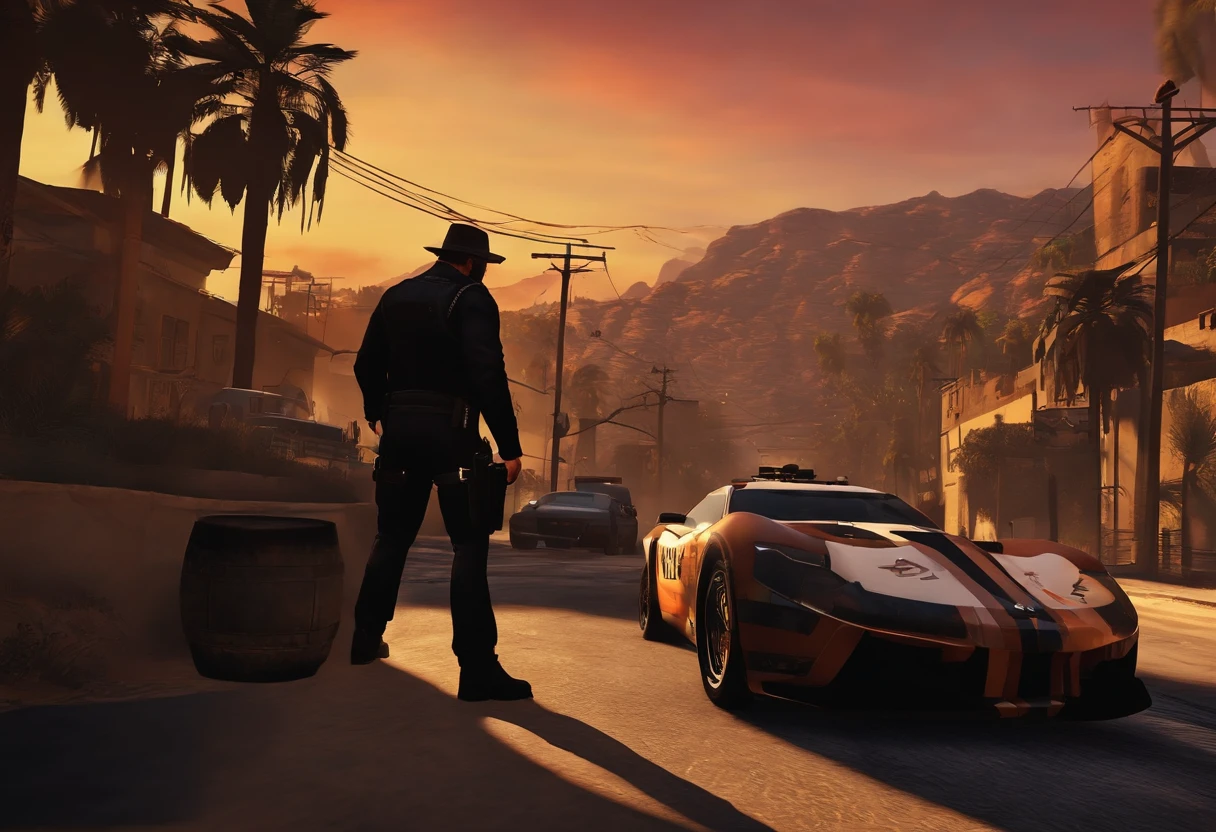 bandidos fugindo de uma loja , policias ao redor, use more scenery in the imageimage with graphics of GTA V, personagens do mesmo estilo GTA V, bandidos fugindo da loja