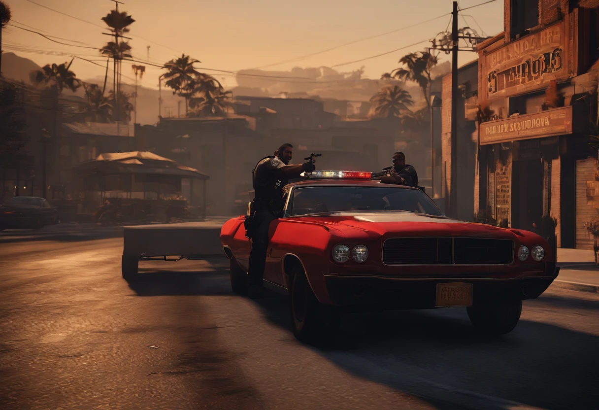bandidos fugindo de uma loja , policias ao redor, use more scenery in the imageimage with graphics of GTA V, personagens do mesmo estilo GTA V, bandidos fugindo da loja