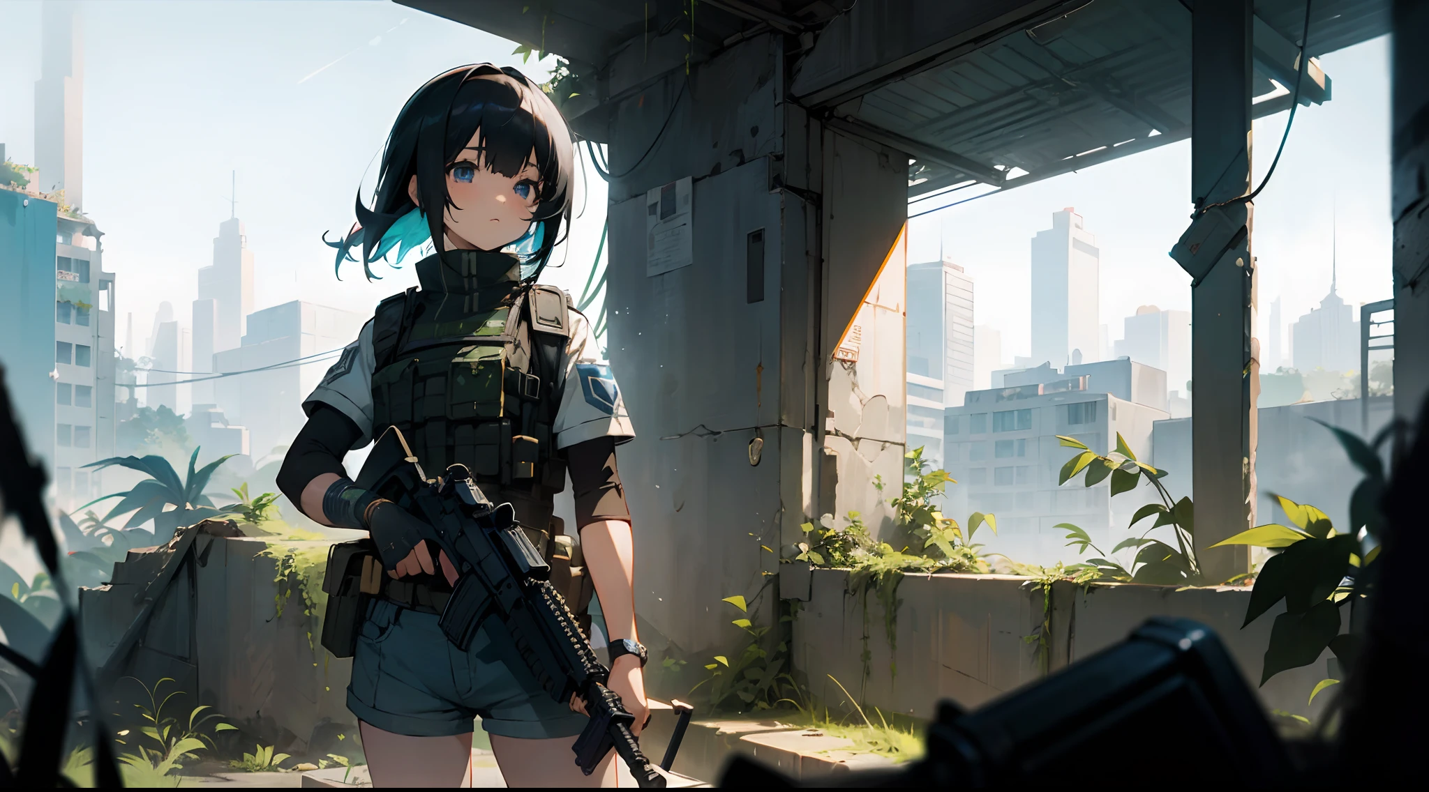 1woman, dark green hair, sci fi, small eyes, wearing completely black military uniform, isolated on completely pitch black background, high res, ultrasharp, 8K, masterpiece, looking at viewer, HDR, sharp focus, absurdres, bokeh