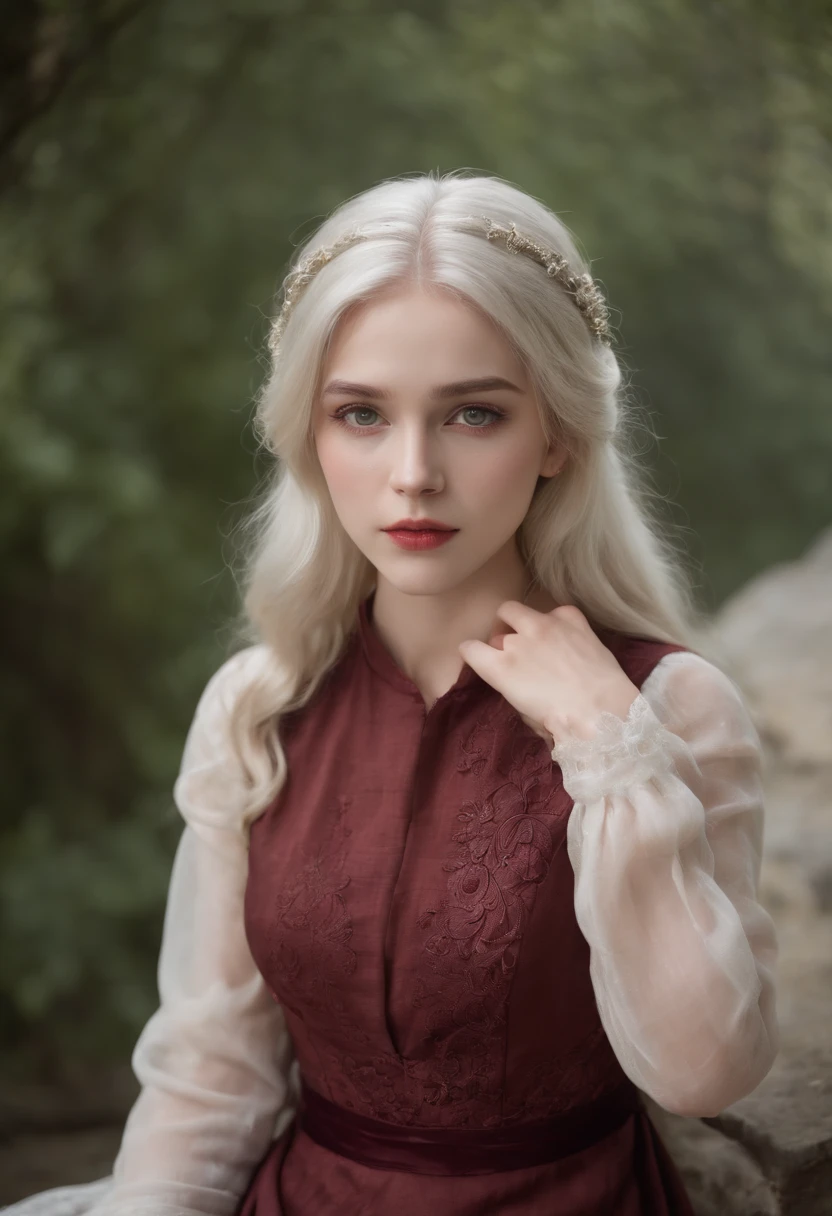 (((a deep reddish wound crosses her left cheek))) fair complexion, woman around 19 years old, full body, natural white hair, distinctive green eyes, wearing transparent kohl, slender and graceful, beautiful, candlelight in a medieval setting, ultra sharp focus, realistic shot, Medieval women's transparent dress, tetradic colors (scar:1.4)