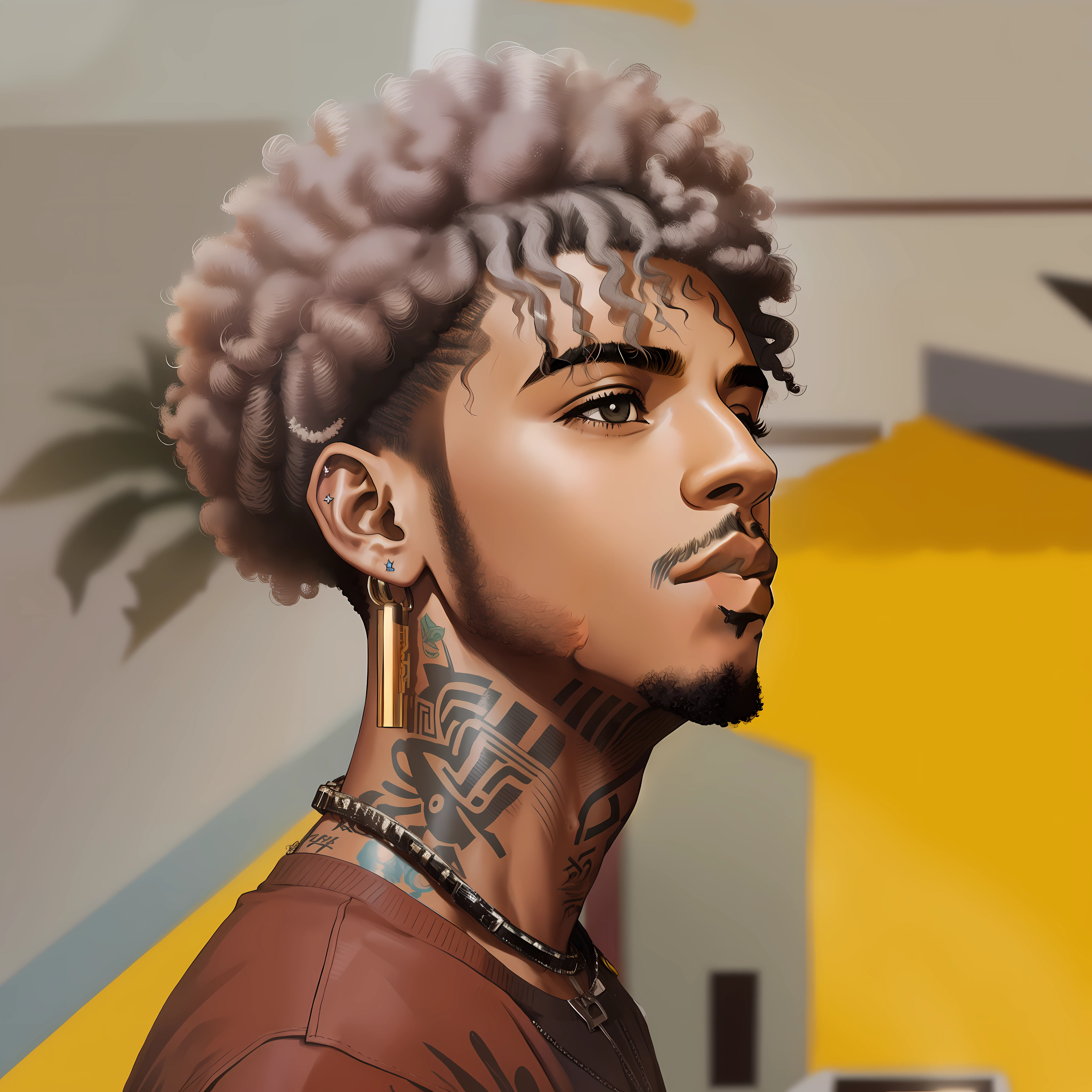 Young looking to the side with a tattoo on his neck and a piercing on his face, cabelos cacheados prateados, xxxtentacion, com cabelos cacheados pretos e prateados, Retrato colorido, usando cabelos prateados, curls on top of his head, east african man with curly hair, com afro, Afro Futurista, afro encaracolado, homem negro com cabelo afro, cabelos grisalhos nublados, retrato de alta qualidade