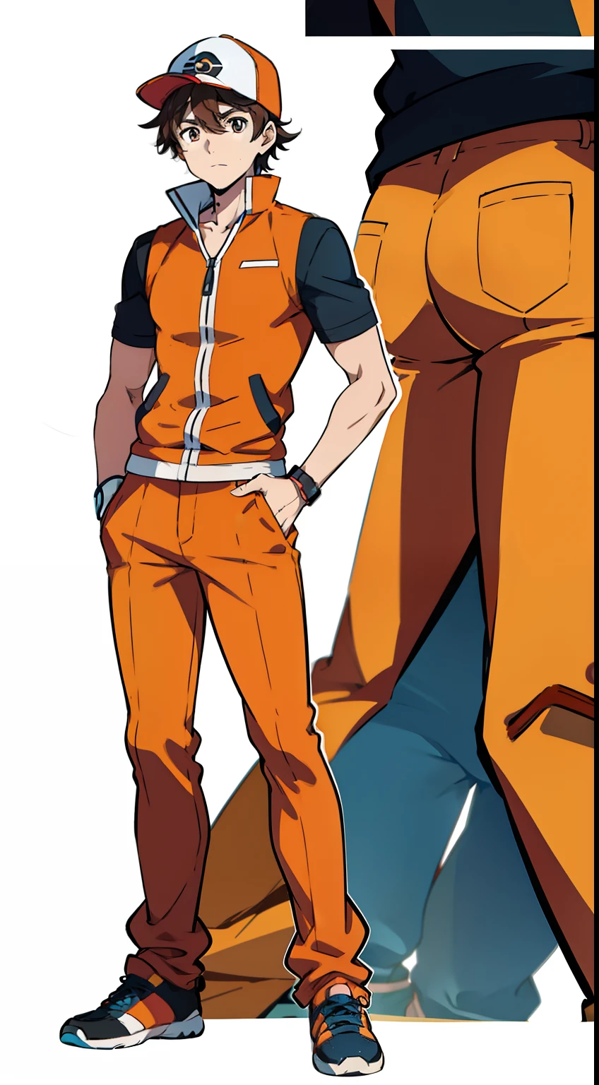 anime character, Pokémon trainer, orange clothes, gray pants, brown hair, character concept, 1boy, male, white background, full body, standing