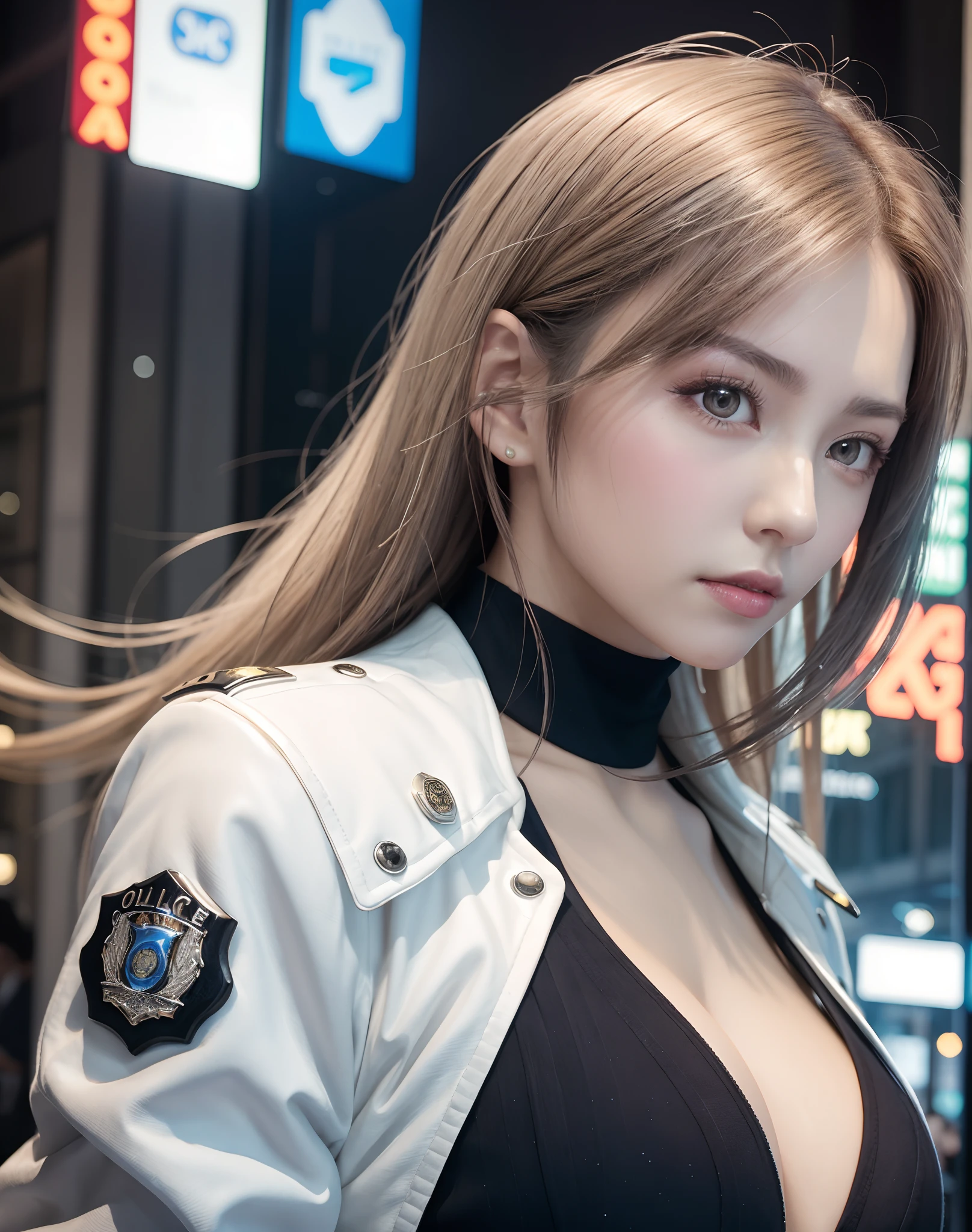 Portrait of Embhuhaiz, Beautiful face, in cyberpunk city at night. She wears a white leather open jacket,lingerie, Dramatic Lighting, (police badge:1.2).Sexy female policeman
