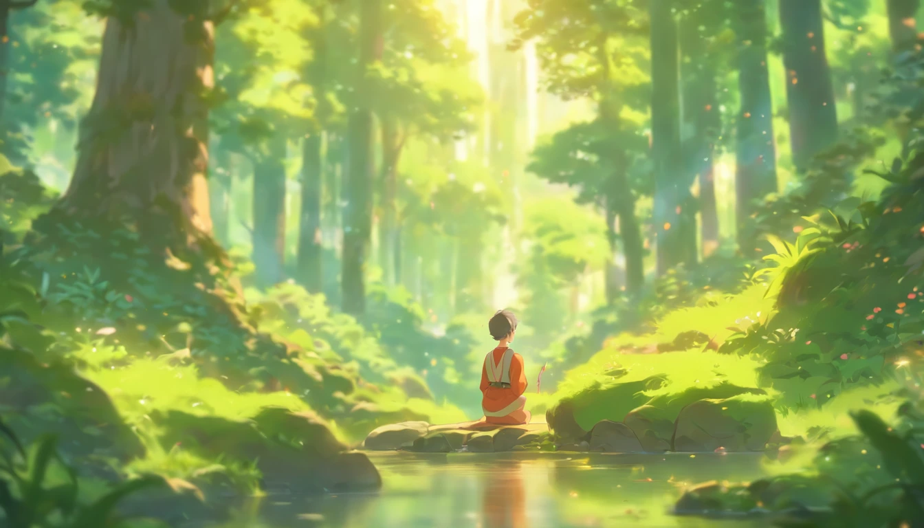 (best quality,4k,8k,highres,masterpiece:1.2),a boy meditating in a forest,serene atmosphere,natural illumination,vibrant greenery,peaceful ambiance,tranquil setting,fine art medium,detailed brushwork,majestic tall trees,gentle breeze,soft sunlight filtering through leaves,calm and focused expression,blissful state of mind,harmonious connection with nature,intense focus and concentration,stillness and tranquility,hushed surroundings,subtle play of light and shadow,dappled sunlight on the ground,serenity and serendipity,meditative posture,eyes closed in deep contemplation,serene aura,still and silent forest,feeling of solitude and oneness with nature,lush vegetation and moss-covered rocks,mystical atmosphere,nature's sanctuary,harmonious blend of earth tones and vibrant colors,ethereal and dreamlike quality,perfect balance of light and dark,subtle interplay of textures and patterns,magical and enchanting scene,harmony between human and nature.