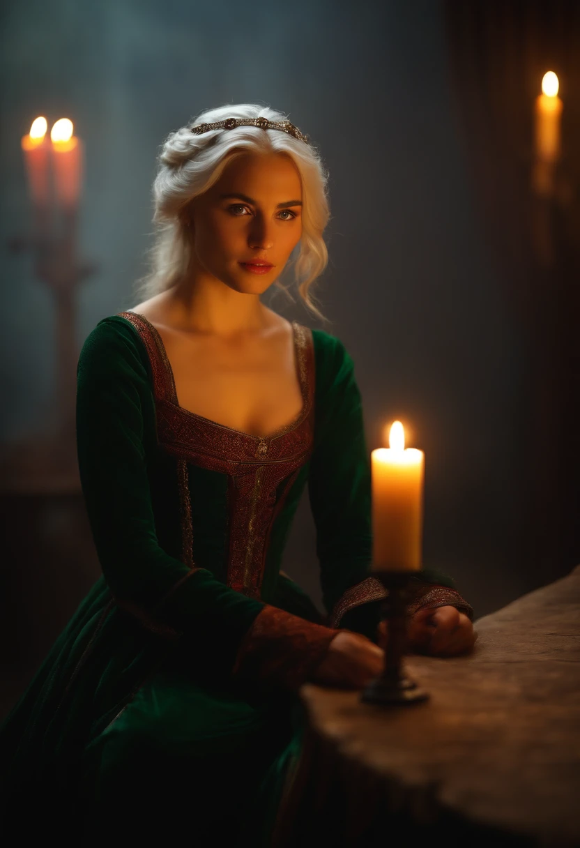 (((a deep reddish wound crosses her left cheek))) fair complexion, woman around 19 years old, full body, natural white hair, distinctive green eyes, wearing transparent kohl, visible cleavage, slender and graceful, beautiful, candlelight in a medieval setting, ultra sharp focus, realistic shot, Medieval women's transparent dress, tetradic colors (scar:1.4)