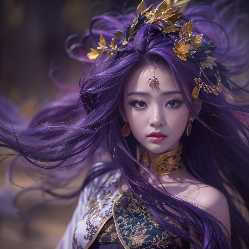 32K（tmasterpiece，k hd，hyper HD，32K）Long flowing bright purple hair，Autumn Pond，zydink， a color， Asian people （Kizi）， （Red scarf）， Combat posture， looking at the ground， long whitr hair， Floating bright purple， Fire cloud pattern gold tiara， Chinese long-sleeved gold silk garment， （abstract ink splash：1.2）， white backgrounid，Lotus protector（realisticlying：1.4），Bright purple hair，Smoke on the road，The background is pure， A high resolution， the detail， RAW photogr， Sharp Re， Nikon D850 Film Stock Photo by Jefferies Lee 4 Kodak Portra 400 Camera F1.6 shots, Rich colors, ultra-realistic vivid textures, Dramatic lighting, Unreal Engine Art Station Trend, cinestir 800，Long flowing bright purple hair