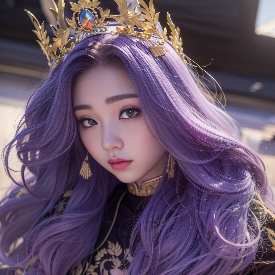 32K(tmasterpiece,k hd,hyper HD,32K)Long flowing bright purple hair,Autumn Pond,zydink, a color, Asian people (Kizi), (Red scarf), Combat posture, looking at the ground, long whitr hair, Floating bright purple, Fire cloud pattern gold tiara, Chinese long-sleeved gold silk garment, (abstract ink splash:1.2), white backgrounid,Lotus protector(realisticlying:1.4),Bright purple hair,Smoke on the road,The background is pure, A high resolution, the detail, RAW photogr, Sharp Re, Nikon D850 Film Stock Photo by Jefferies Lee 4 Kodak Portra 400 Camera F1.6 shots, Rich colors, ultra-realistic vivid textures, Dramatic lighting, Unreal Engine Art Station Trend, cinestir 800,Long flowing bright purple hair