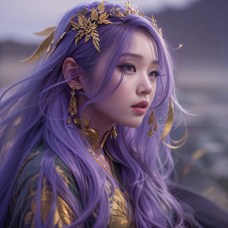 32K(tmasterpiece,k hd,hyper HD,32K)Long flowing bright purple hair,Autumn Pond,zydink, a color, Asian people (Kizi), (Red scarf), Combat posture, looking at the ground, long whitr hair, Floating bright purple, Fire cloud pattern gold tiara, Chinese long-sleeved gold silk garment, (abstract ink splash:1.2), white backgrounid,Lotus protector(realisticlying:1.4),Bright purple hair,Smoke on the road,The background is pure, A high resolution, the detail, RAW photogr, Sharp Re, Nikon D850 Film Stock Photo by Jefferies Lee 4 Kodak Portra 400 Camera F1.6 shots, Rich colors, ultra-realistic vivid textures, Dramatic lighting, Unreal Engine Art Station Trend, cinestir 800,Long flowing bright purple hair