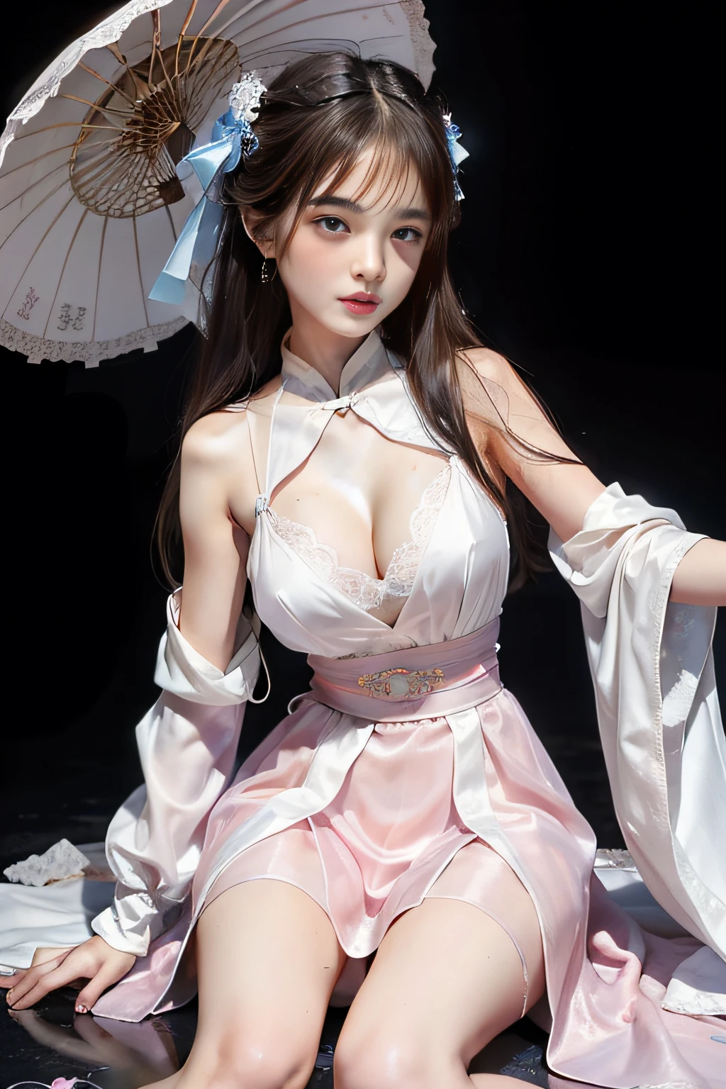 small ,,princess 8 yeald old cute, Master picture quality, Highest quality, Best picture quality, Exaggerated details, The expression is shy,a close up of a , Super beautiful,Long hair, Very exaggerated and compact, Round breasts , Pose in front of the camera, ,, Wet-breasted Hanfu open V-chested clothes, All pictures, Wet body of thin silk fabric, Thin silk lace petticoat,princess 8 yeald old cute, (huge boobs,cleavage),petticoat, white pink, blue ,best qualtiy,tmasterpiece,超高分辨率,(真实感:1.4),RAW photogr,(True skin texture:1.3),(filmgrain:1.3),(Selfie angle),1个Giant Breast Girl,Beautiful eye and face details,tmasterpiece,Best quality at best,exposing thighs,Bigchest,The chest is more exposed,short detailed hair,facing at camera