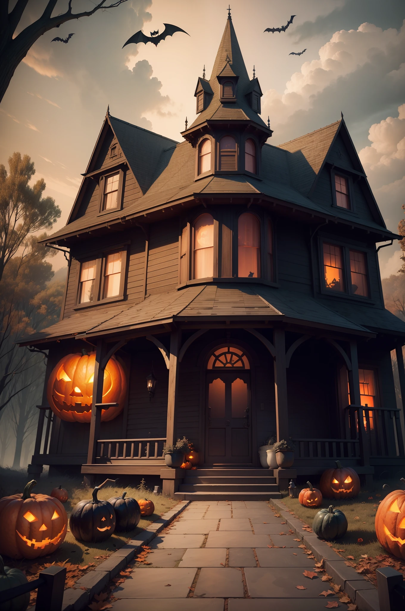 --AR 3:2 --q 2 --v 5.1 hyper realistic haunted house with cobwebs and halloween pumpkins