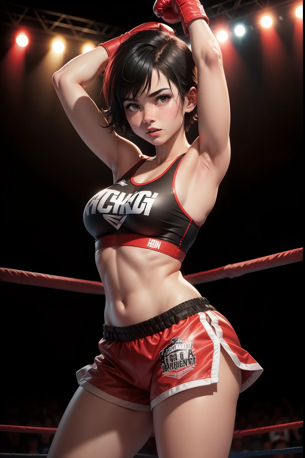 athletic girl, wearing boxing gloves, standing over viewer, boxing ring, arena strobe lights, red color motif, confident, victory pose, victorious, short hair, black hair, sweat