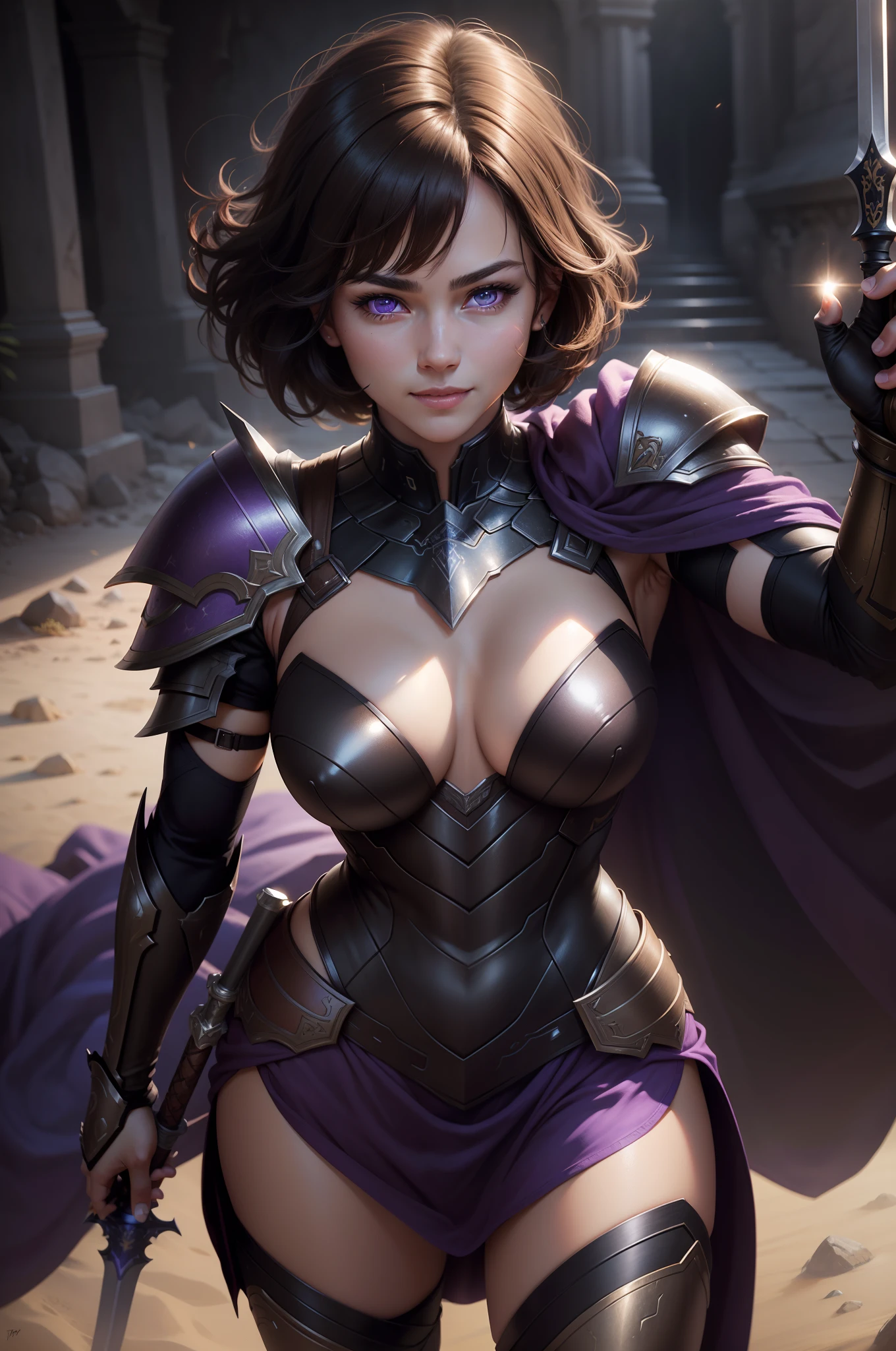 Photorealistic, High resolution, Soft light,1womanl, Solo, muscular and macho body, (Detailed face), Short brown hair, Black robe, Blue and black and brown armor, Glowing purple eyes　enticing　超A high resolution　super precision　Confident smile　real looking skin　Holding a big sword
