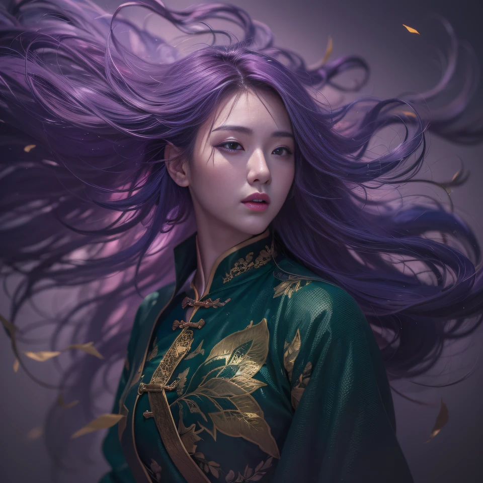 32K（tmasterpiece，k hd，hyper HD，32K）Long flowing bright purple hair，Autumn Pond，zydink， a color， Asian people （Kizi）， （Red scarf）， Combat posture， looking at the ground， long whitr hair， Floating bright purple， Fire cloud pattern gold tiara， Chinese long-sleeved gold silk garment， （abstract ink splash：1.2）， white backgrounid，Lotus protector（realisticlying：1.4），Bright purple hair，Smoke on the road，The background is pure， A high resolution， the detail， RAW photogr， Sharp Re， Nikon D850 Film Stock Photo by Jefferies Lee 4 Kodak Portra 400 Camera F1.6 shots, Rich colors, ultra-realistic vivid textures, Dramatic lighting, Unreal Engine Art Station Trend, cinestir 800，Long flowing bright purple hair