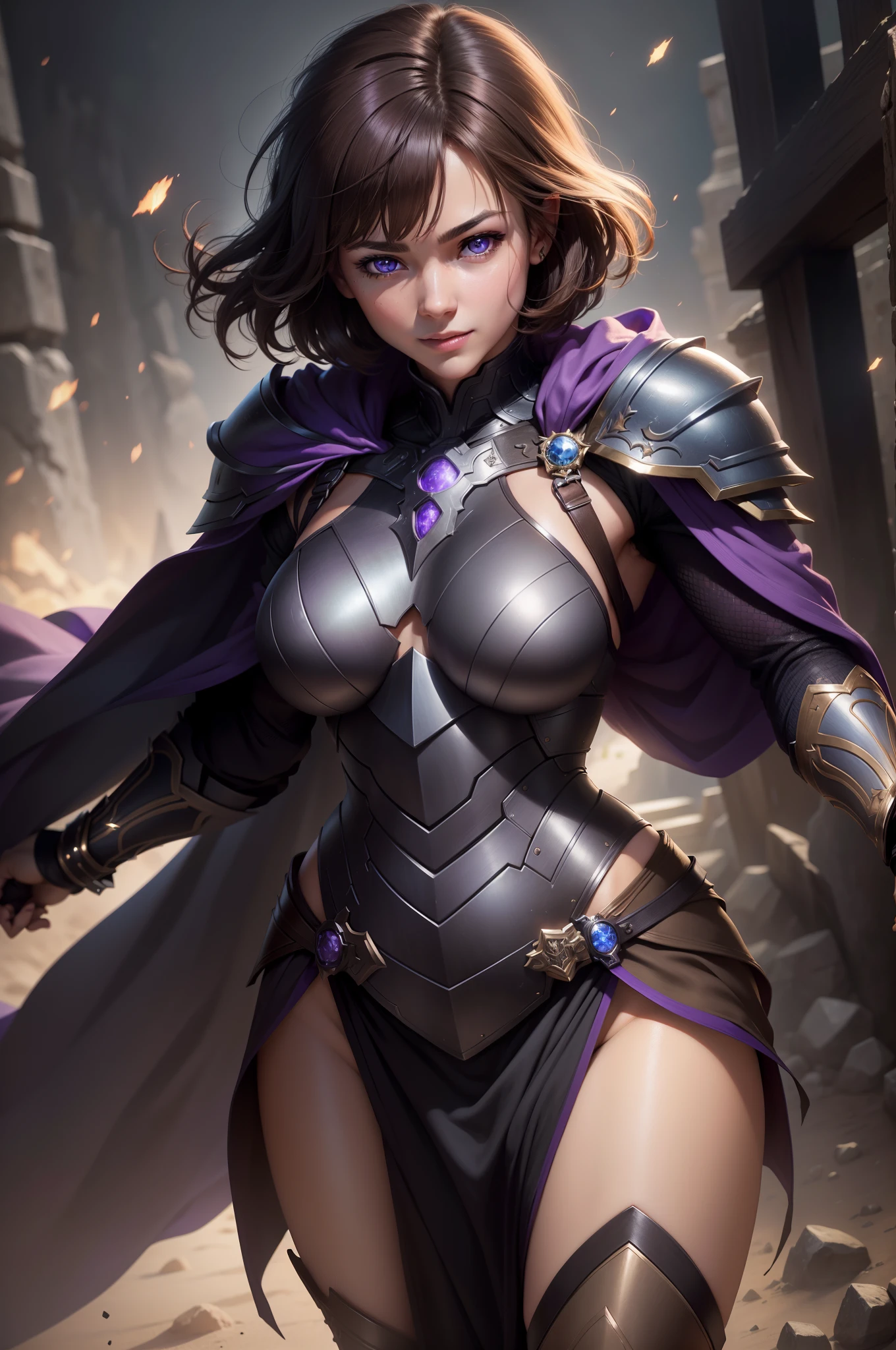 Photorealistic, High resolution, Soft light,1womanl, Solo, muscular and macho body, (Detailed face), Short brown hair, Black robe, Blue and black and brown armor, Glowing purple eyes enticing 超A high resolution super precision Confident smile real looking skin Holding a big sword