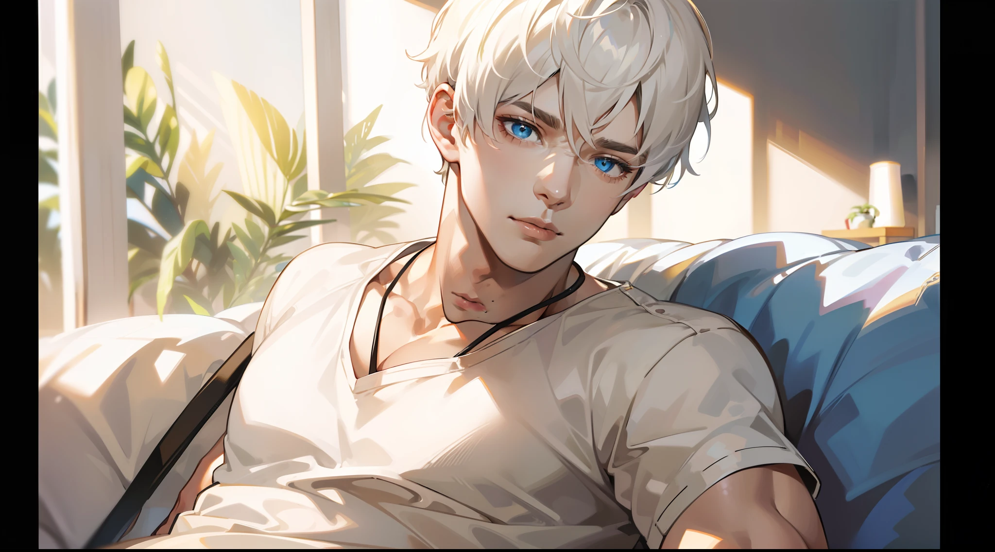 Handsome man , with very short hair , short trendy hair style , he has white hair , blue eyes , lean body type , siting in a cozy room , in a bed , sitting up in the bed , shirtless , day time , golden hour , looks bewildered