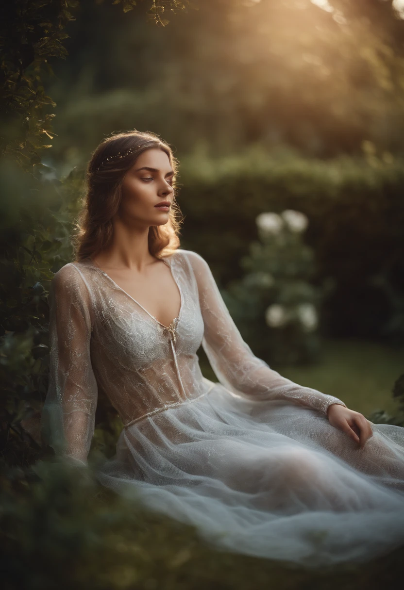 medieval young woman above 18, wearing transparent clothing, sitting in the garden showing off her sexy body,