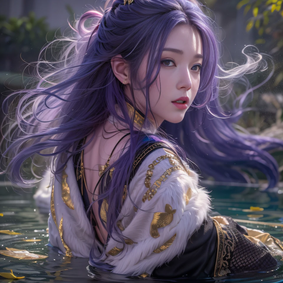 32K(tmasterpiece,k hd,hyper HD,32K)Long flowing bright purple hair,Autumn Pond,zydink, a color, Asian people (Kizi), (Red scarf), Combat posture, looking at the ground, long whitr hair, Floating bright purple, Fire cloud pattern gold tiara, Chinese long-sleeved gold silk garment, (abstract ink splash:1.2), white backgrounid,Lotus protector(realisticlying:1.4),Bright purple hair,Smoke on the road,The background is pure, A high resolution, the detail, RAW photogr, Sharp Re, Nikon D850 Film Stock Photo by Jefferies Lee 4 Kodak Portra 400 Camera F1.6 shots, Rich colors, ultra-realistic vivid textures, Dramatic lighting, Unreal Engine Art Station Trend, cinestir 800,Long flowing bright purple hair
