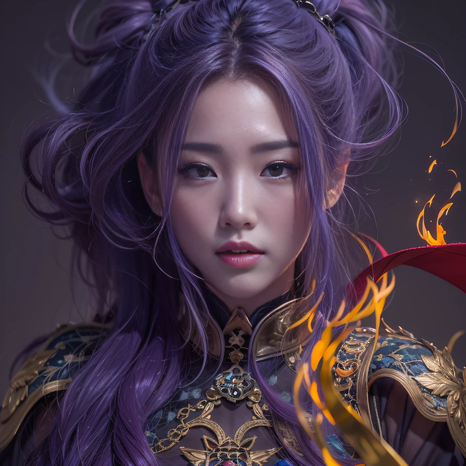 32K(tmasterpiece,k hd,hyper HD,32K)Long flowing bright purple hair,Autumn Pond,zydink, a color, Asian people (Kizi), (Red scarf), Combat posture, looking at the ground, long whitr hair, Floating bright purple, Fire cloud pattern gold tiara, Chinese long-sleeved gold silk garment, (abstract ink splash:1.2), white backgrounid,Lotus protector(realisticlying:1.4),Bright purple hair,Smoke on the road,The background is pure, A high resolution, the detail, RAW photogr, Sharp Re, Nikon D850 Film Stock Photo by Jefferies Lee 4 Kodak Portra 400 Camera F1.6 shots, Rich colors, ultra-realistic vivid textures, Dramatic lighting, Unreal Engine Art Station Trend, cinestir 800,Long flowing bright purple hair